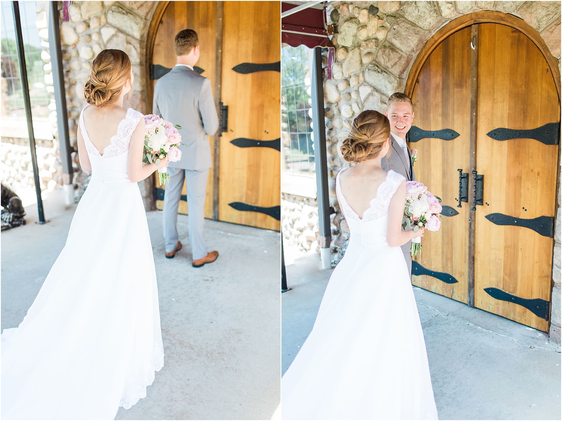 Arielle Peters Photography | Bride and groom having first reveal on wedding day at Lawton Lions Heritage Community Center in Lawton, Michigan.
