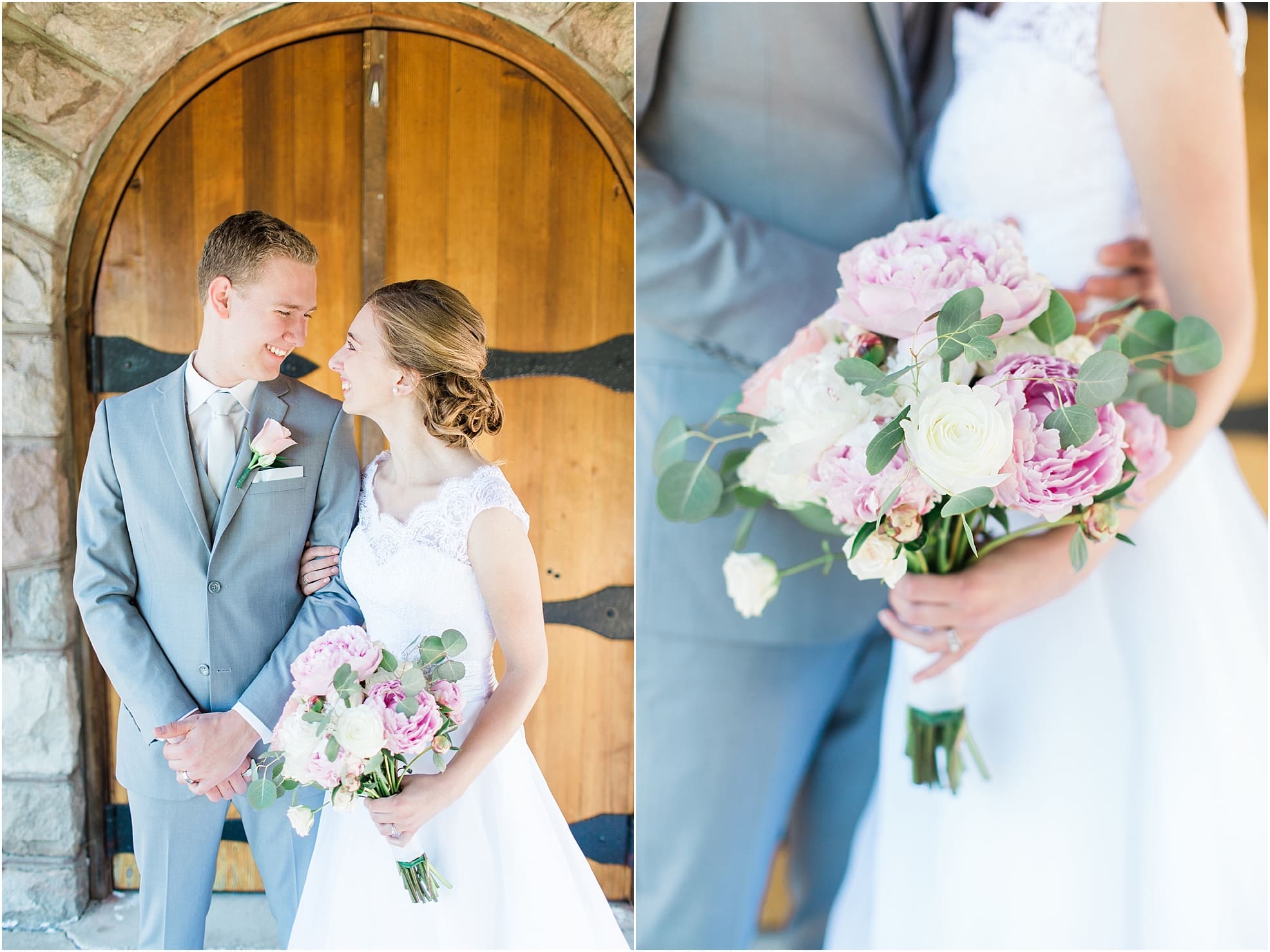 Arielle Peters Photography | Bride and groom in front of wooden cellar door on wedding day at Lawton Lions Heritage Community Center in Lawton, Michigan.