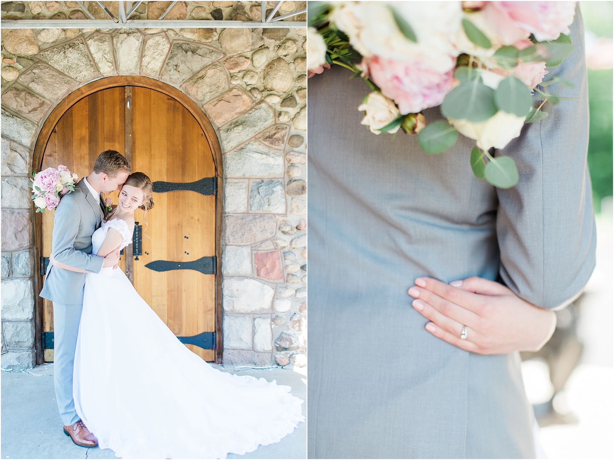 Arielle Peters Photography | Bride and groom in front of wooden cellar door on wedding day at Lawton Lions Heritage Community Center in Lawton, Michigan.