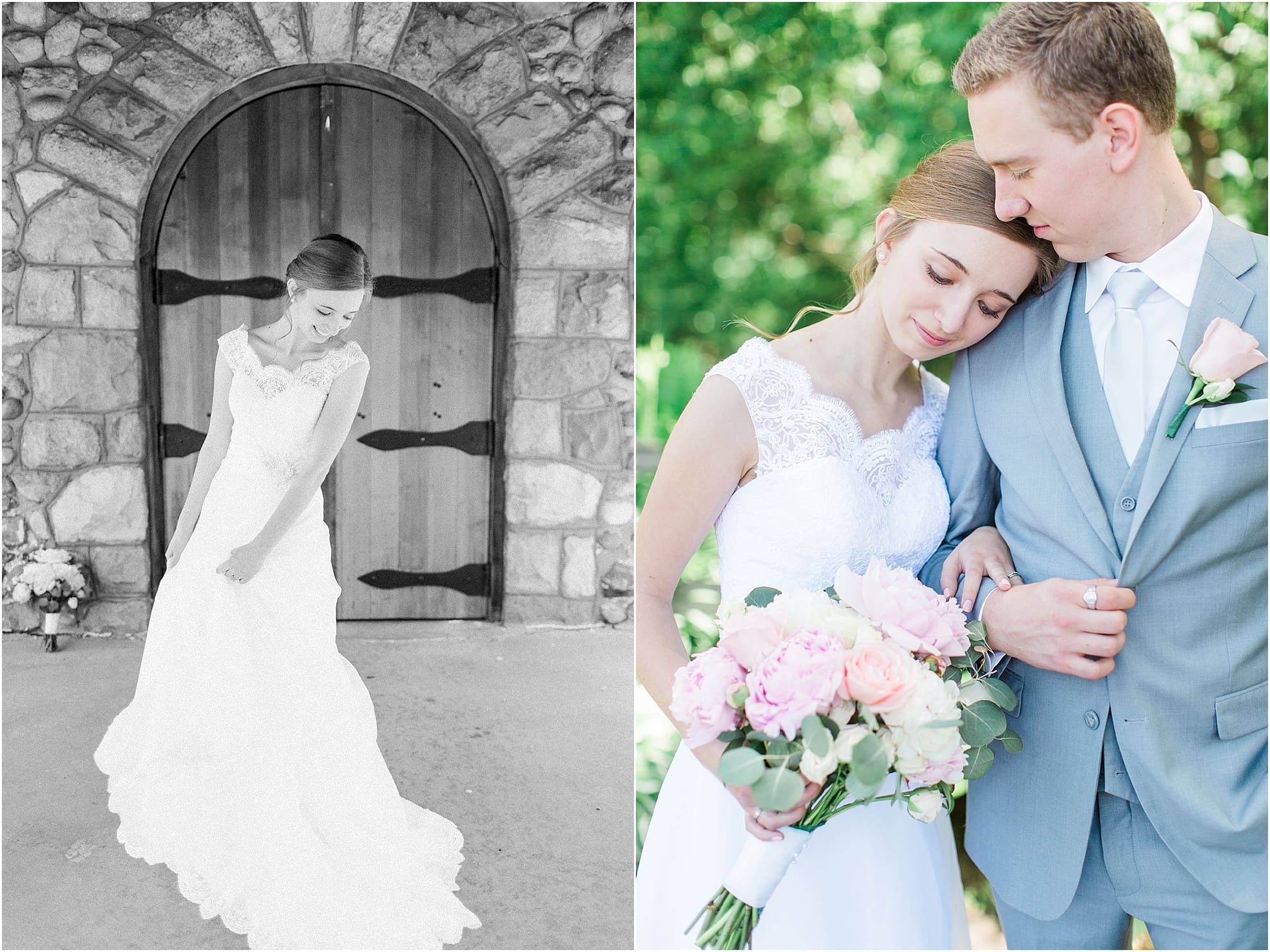 Arielle Peters Photography | Bride in front of wooden cellar door on wedding day at Lawton Lions Heritage Community Center in Lawton, Michigan.