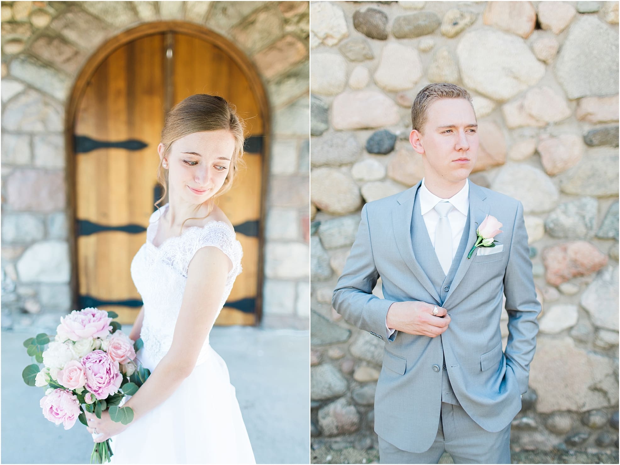 Arielle Peters Photography | Bride and groom in front of wooden cellar door on wedding day at Lawton Lions Heritage Community Center in Lawton, Michigan.