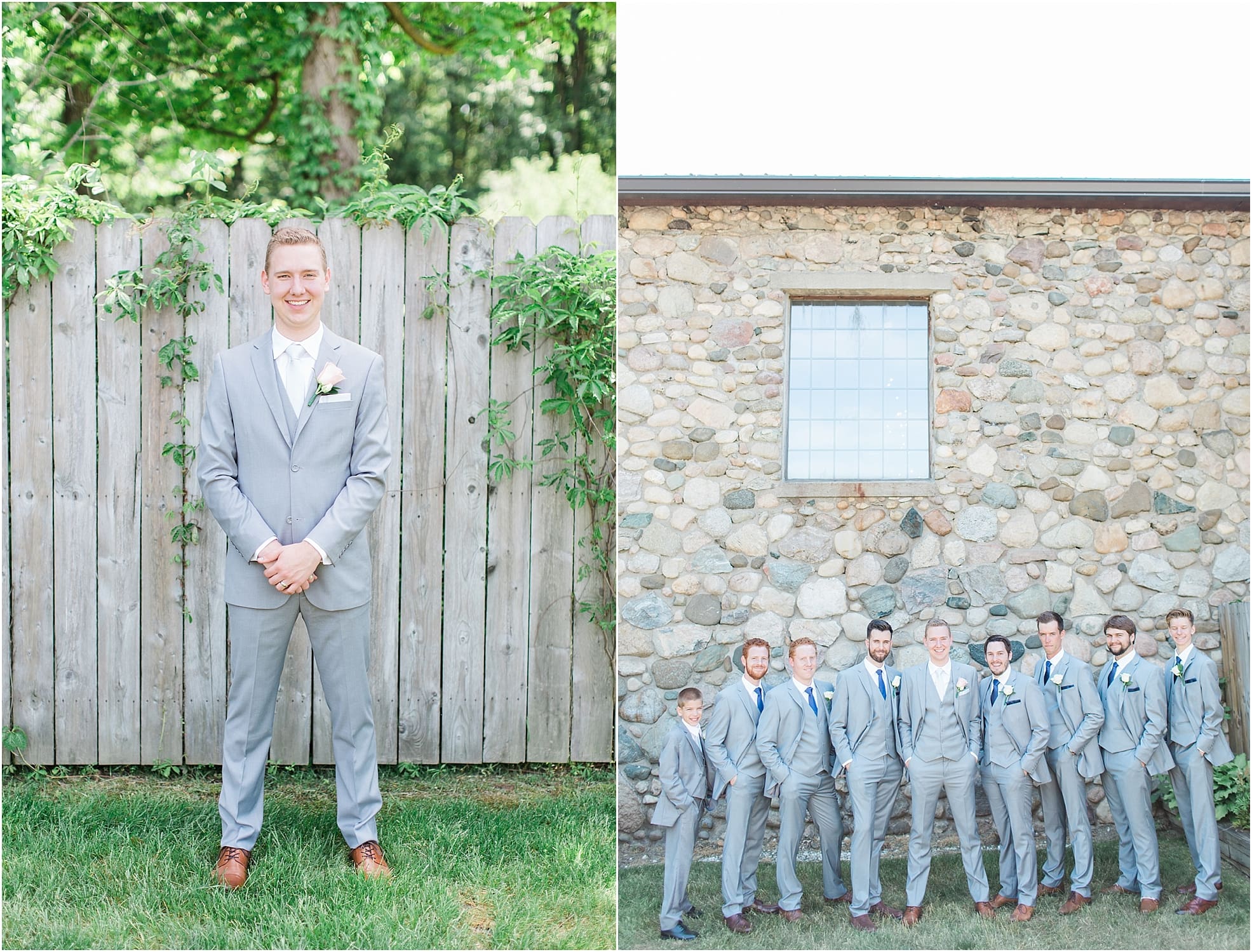 Arielle Peters Photography | Groom and groomsmen by historic cobblestone building on wedding day at Lawton Lions Heritage Community Center in Lawton, Michigan.
