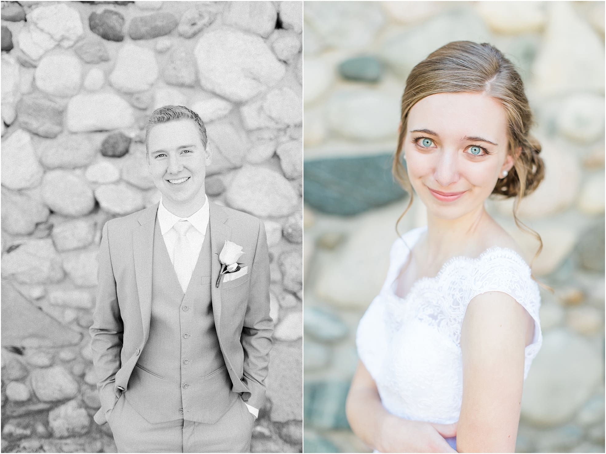 Arielle Peters Photography | Bride and groom by historic cobblestone building on wedding day at Lawton Lions Heritage Community Center in Lawton, Michigan.