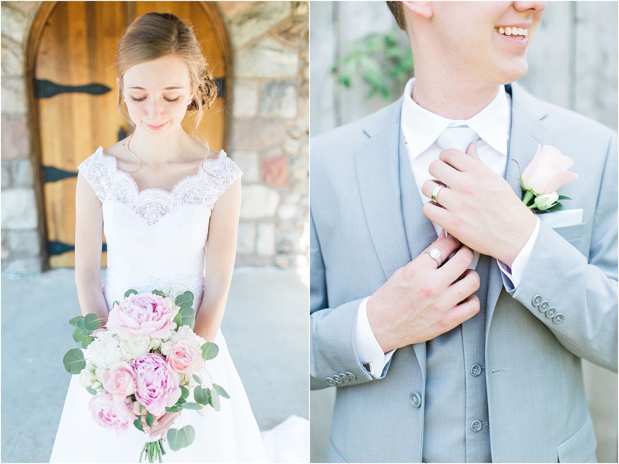 Arielle Peters Photography | Bride holding peony bouquet by wooden cellar door on wedding day at Lawton Lions Heritage Community Center in Lawton, Michigan.