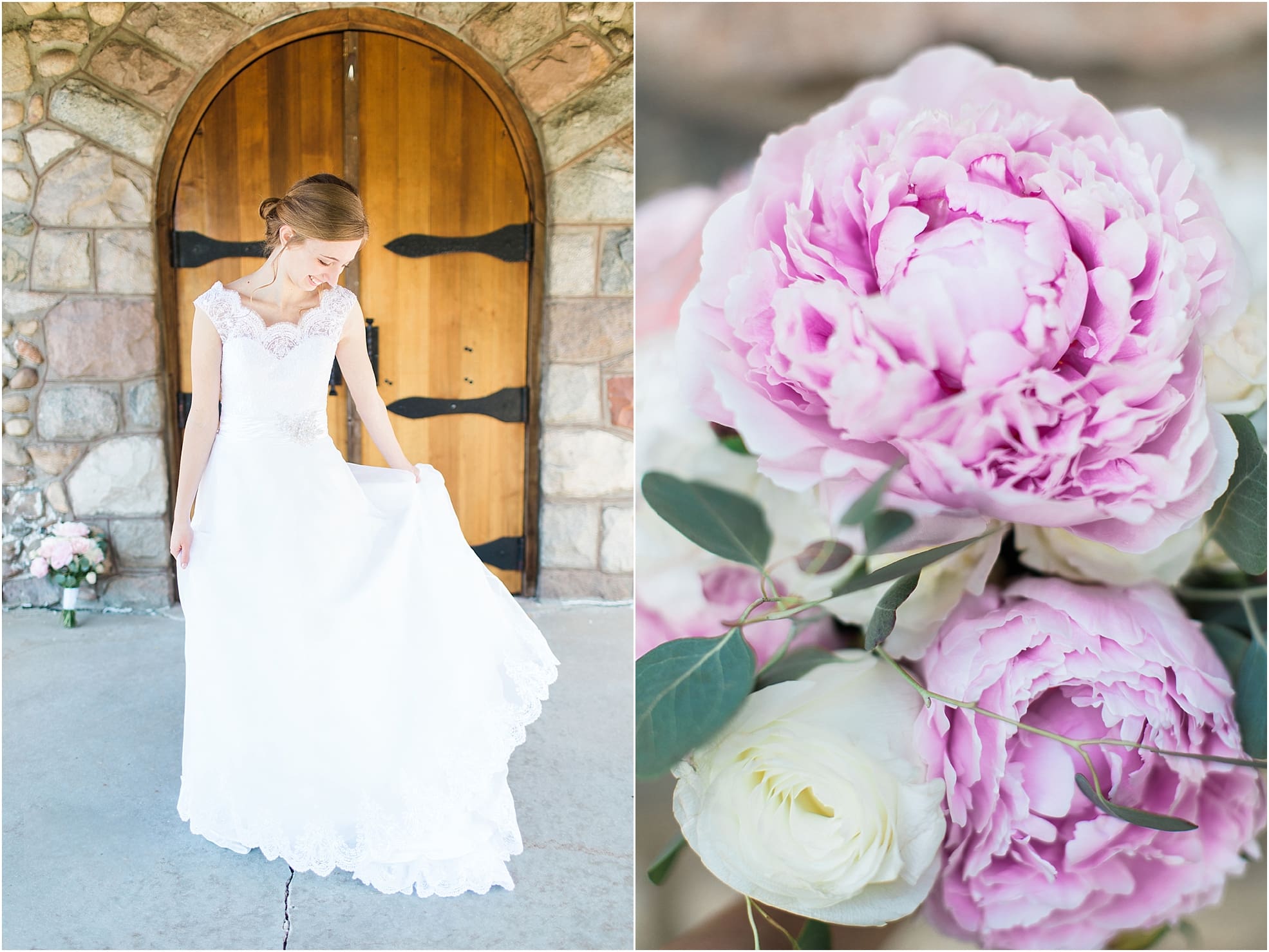 Arielle Peters Photography | Bride next to wooden cellar door on wedding day at Lawton Lions Heritage Community Center in Lawton, Michigan.