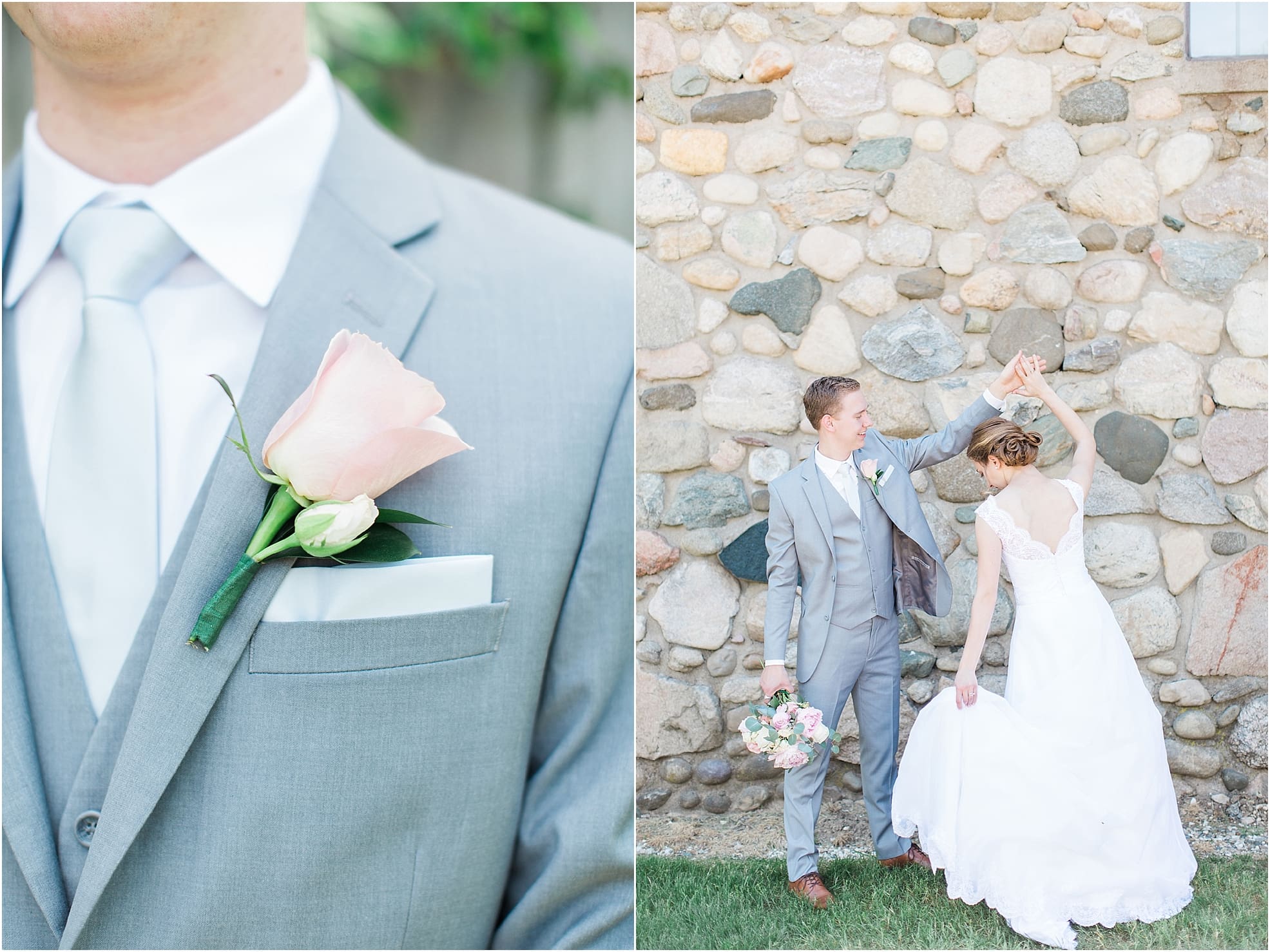 Arielle Peters Photography | Bride and groom dancing next to historic cobblestone building on wedding day at Lawton Lions Heritage Community Center in Lawton, Michigan.