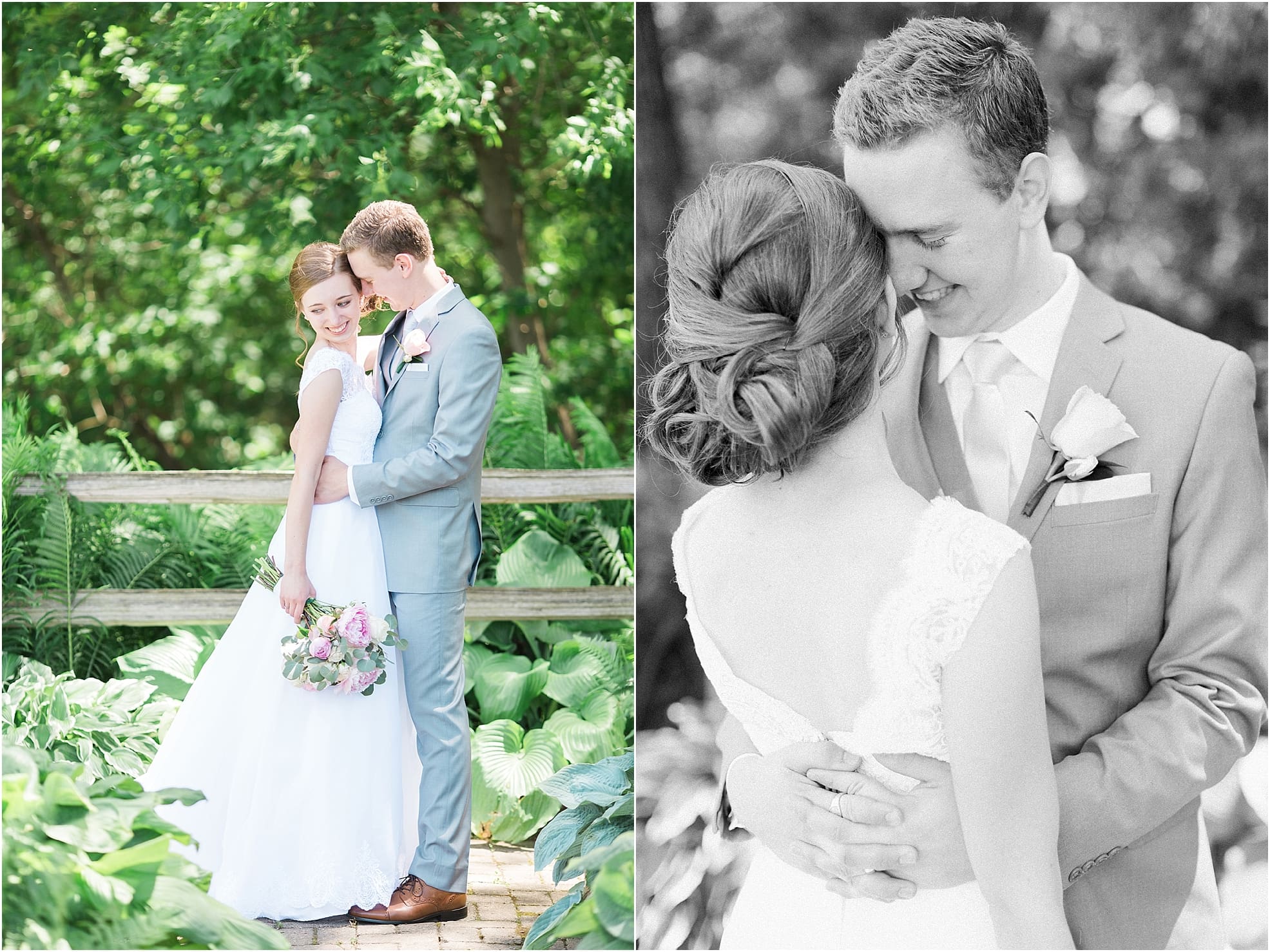 Arielle Peters Photography | Bride and groom in garden together on wedding day at Lawton Lions Heritage Community Center in Lawton, Michigan.