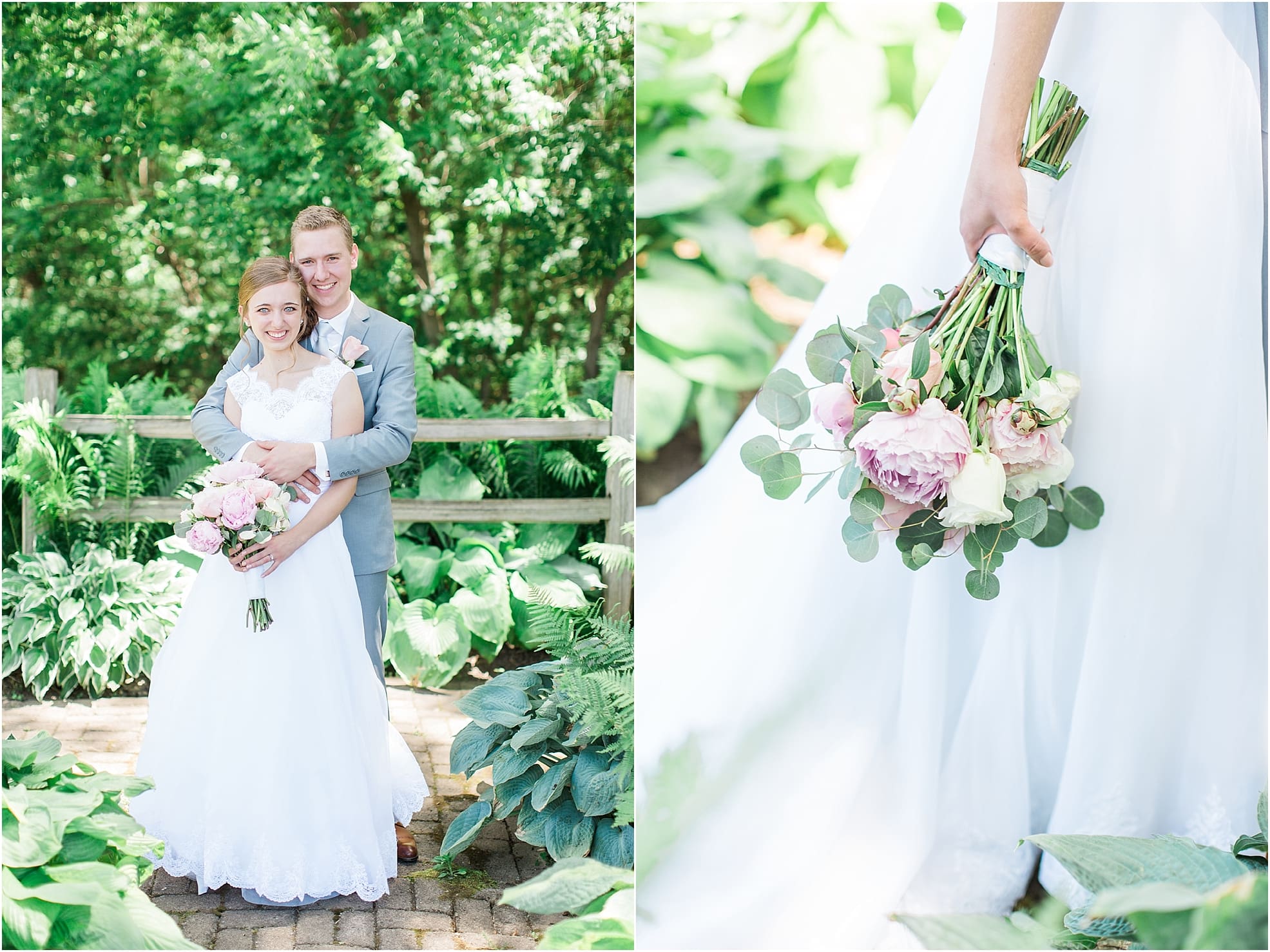 Arielle Peters Photography | Bride and groom together in garden on wedding day at Lawton Lions Heritage Community Center in Lawton, Michigan.