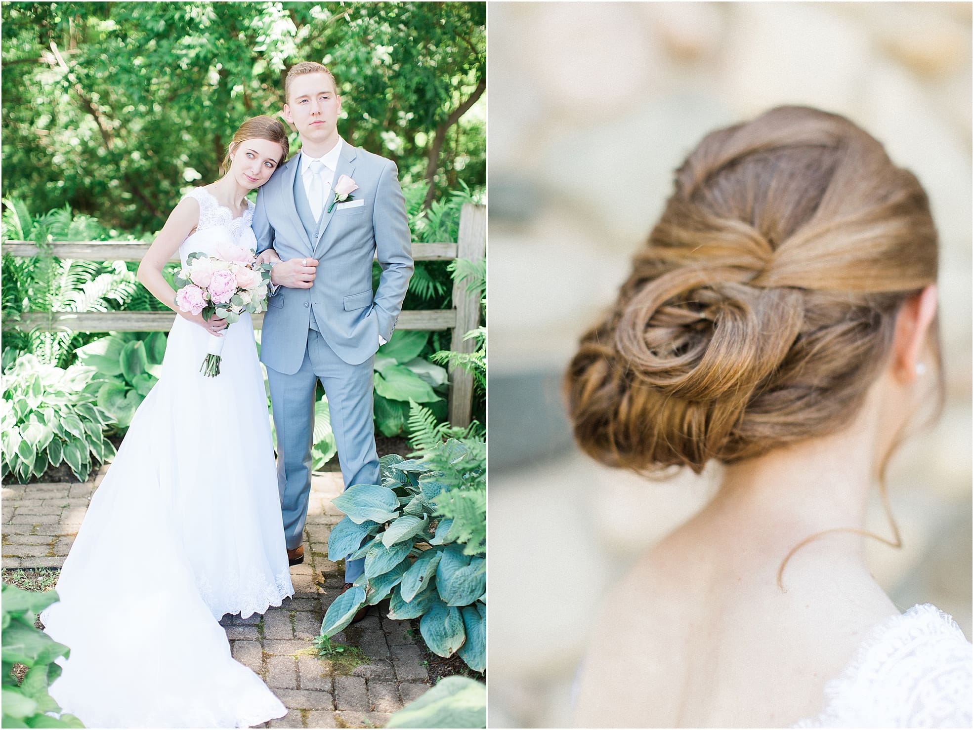Arielle Peters Photography | Bride and groom together in garden on wedding day at Lawton Lions Heritage Community Center in Lawton, Michigan.