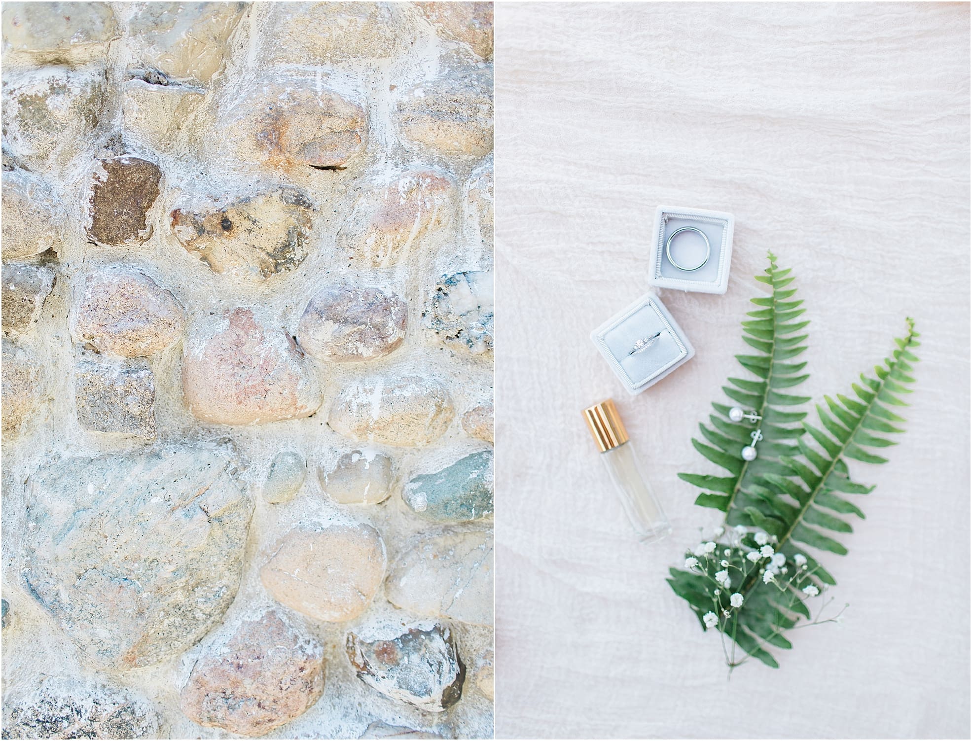 Arielle Peters Photography | Wedding rings and greenery on wedding day at Lawton Lions Heritage Community Center in Lawton, Michigan.