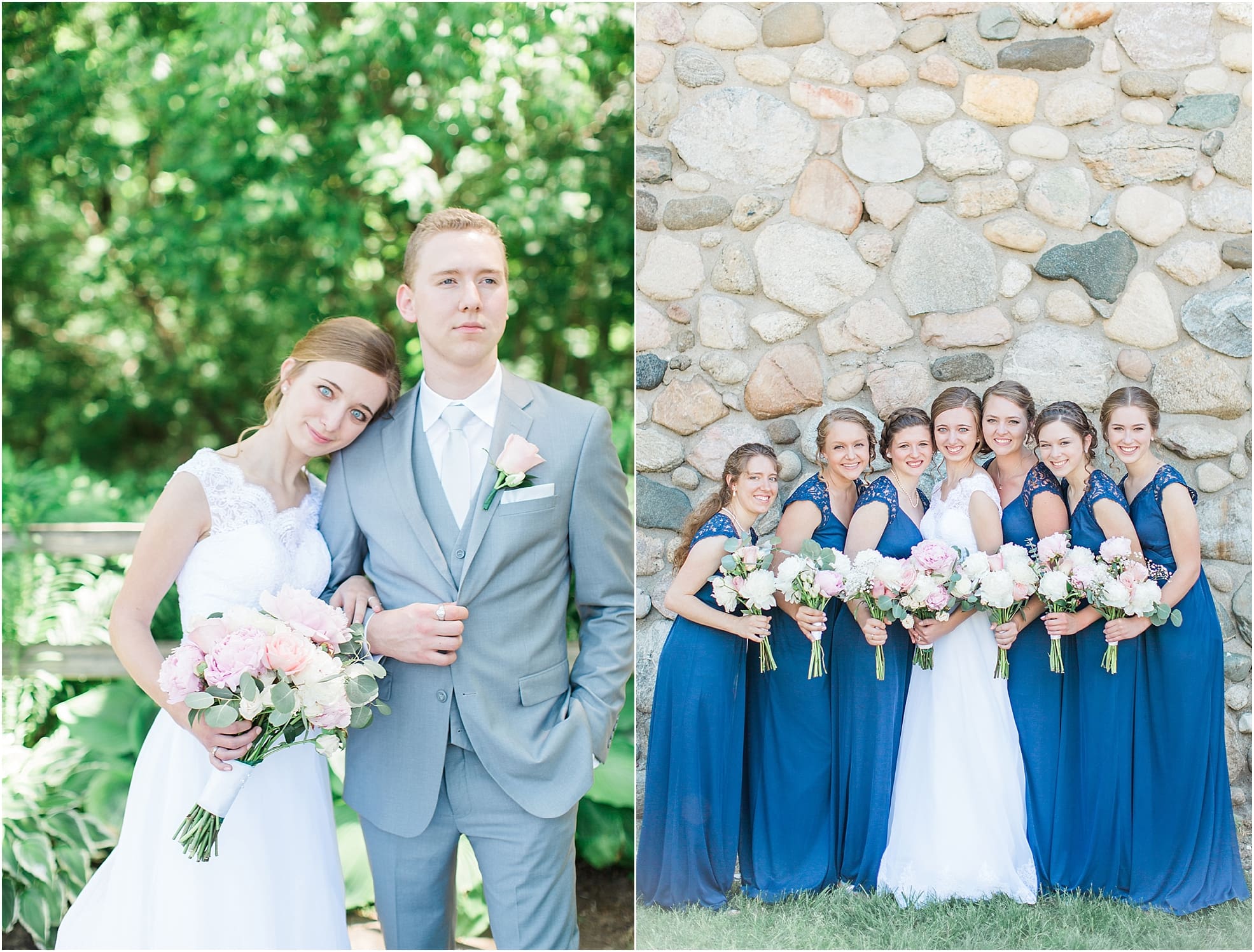 Arielle Peters Photography | Bride and bridesmaids next to historic cobblestone building on wedding day at Lawton Lions Heritage Community Center in Lawton, Michigan.