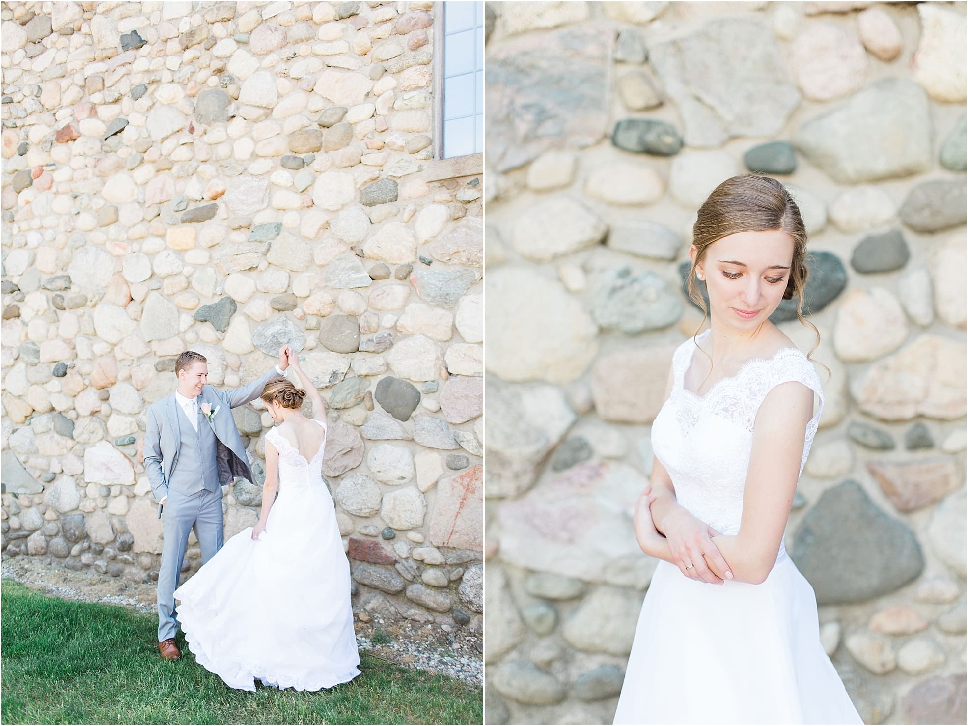 Arielle Peters Photography | Bride and groom dancing next to historic cobblestone building on wedding day at Lawton Lions Heritage Community Center in Lawton, Michigan.