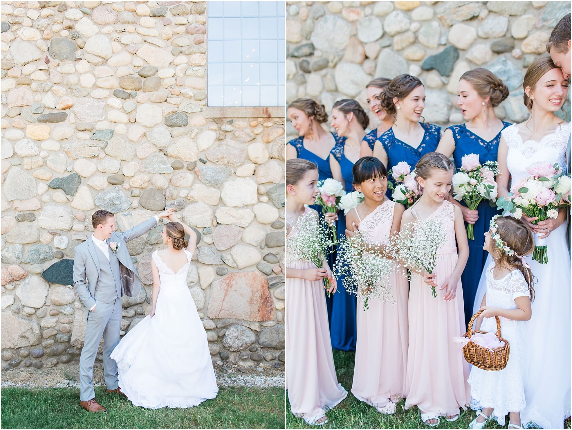 Arielle Peters Photography | Groom twirling bride next to historic cobblestone building on wedding day at Lawton Lions Heritage Community Center in Lawton, Michigan.