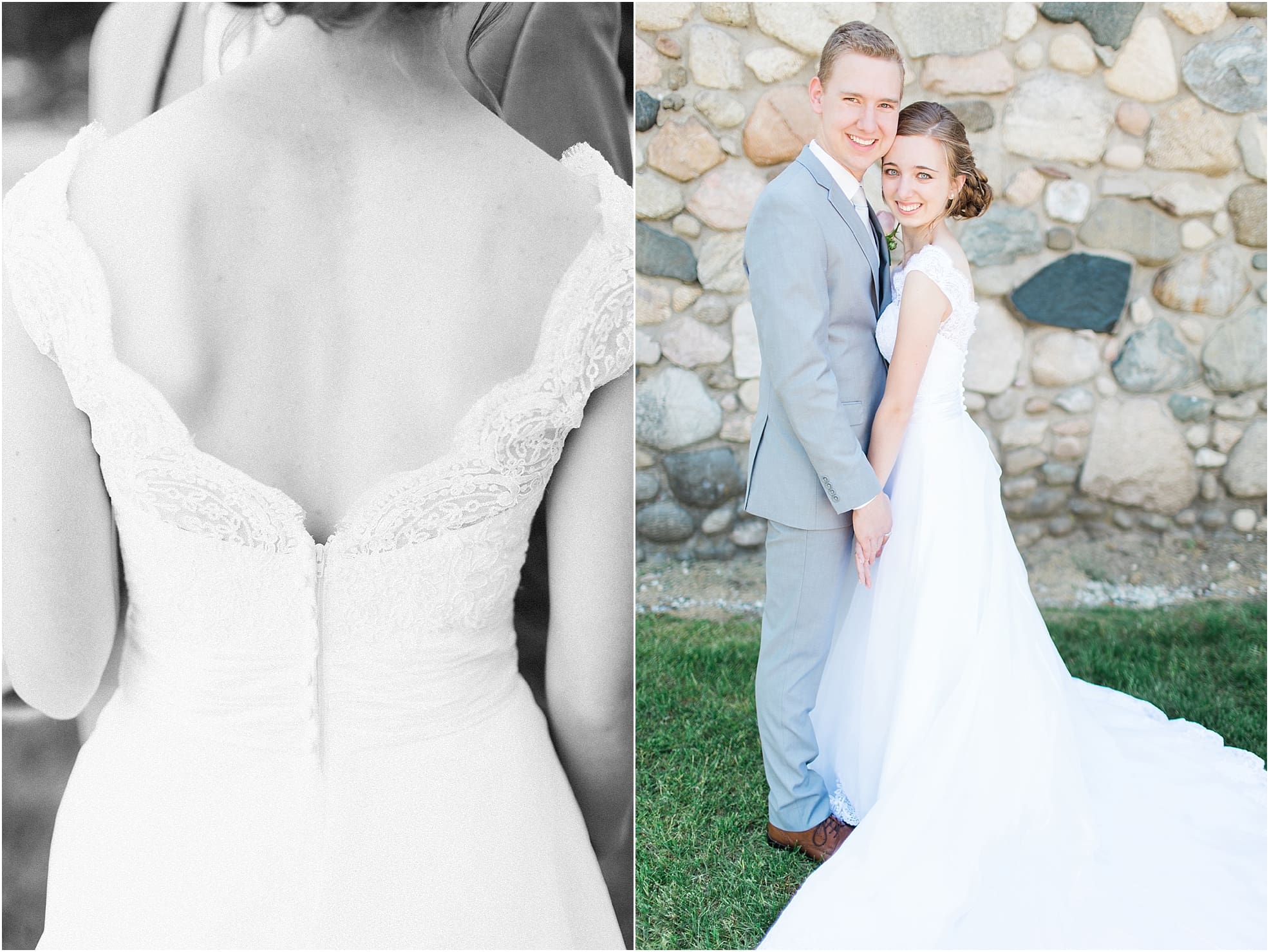 Arielle Peters Photography | Bride and groom next to historic cobblestone building on wedding day at Lawton Lions Heritage Community Center in Lawton, Michigan.