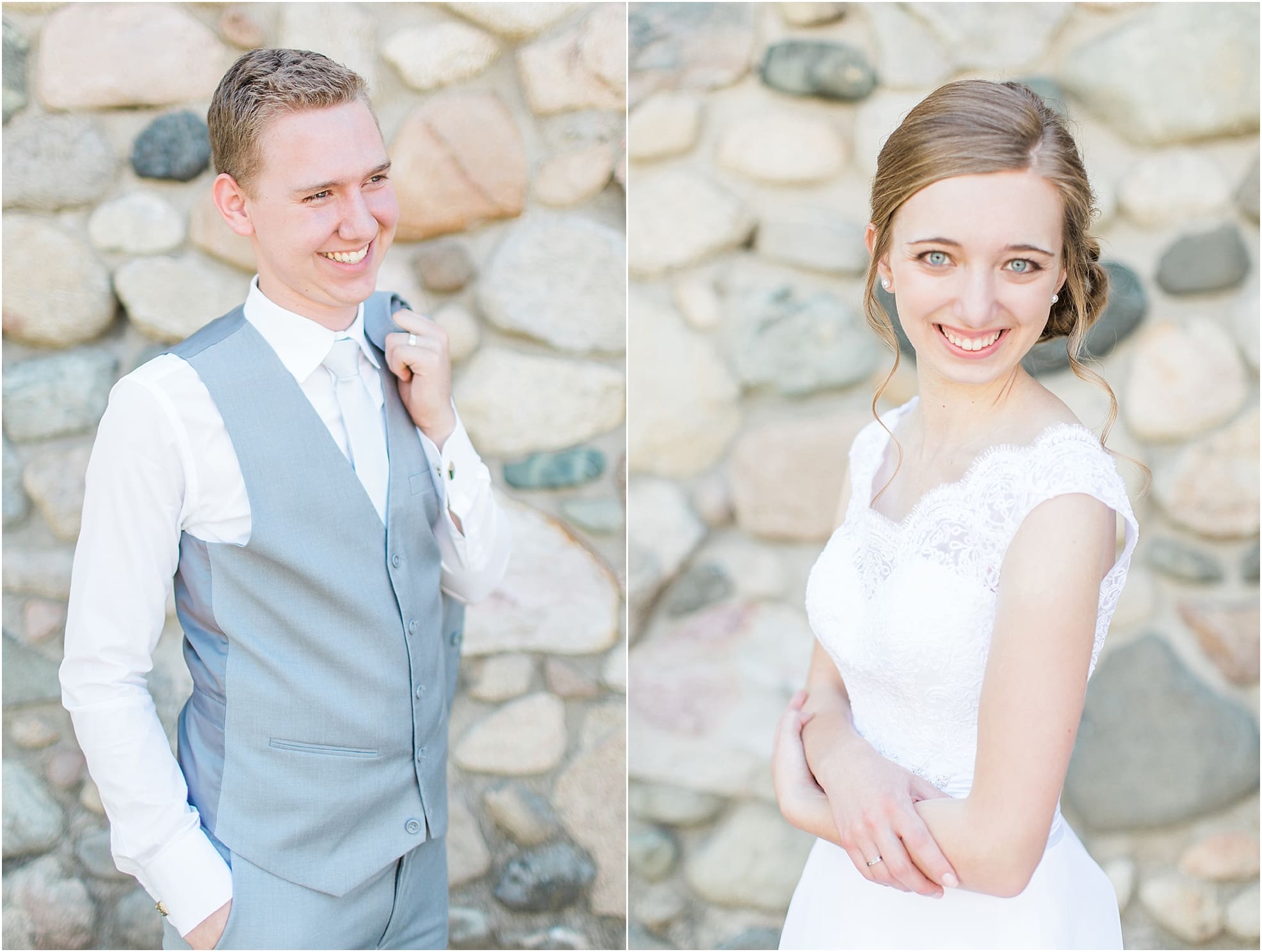 Arielle Peters Photography | Bride and groom next to historic cobblestone building on wedding day at Lawton Lions Heritage Community Center in Lawton, Michigan.