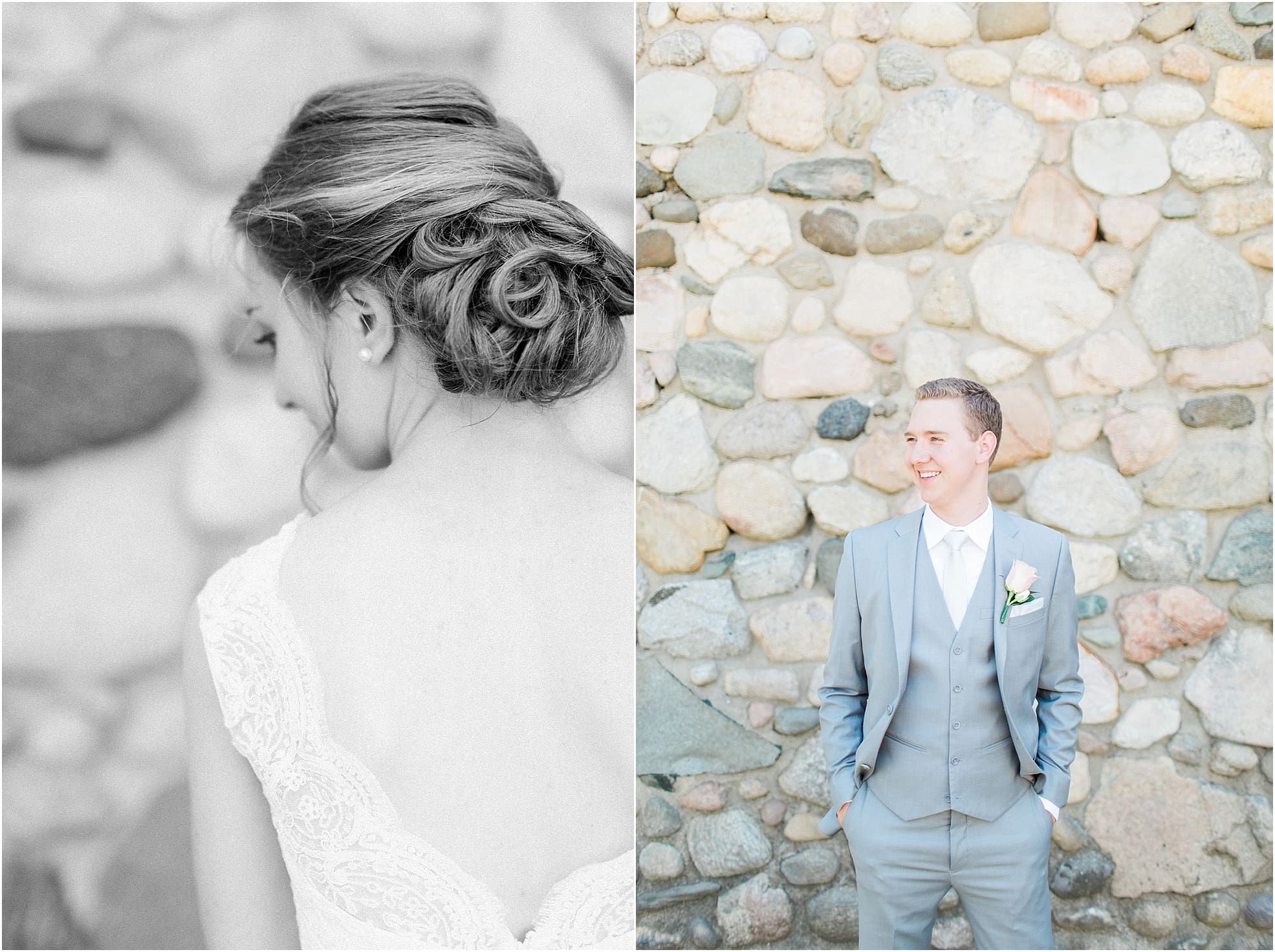 Arielle Peters Photography | Bride and groom next to historic cobblestone building on wedding day at Lawton Lions Heritage Community Center in Lawton, Michigan.
