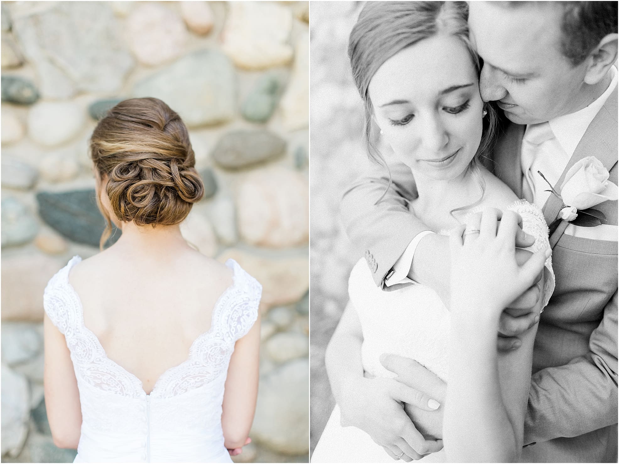 Arielle Peters Photography | Groom holding bride next to historic cobblestone building on wedding day at Lawton Lions Heritage Community Center in Lawton, Michigan.