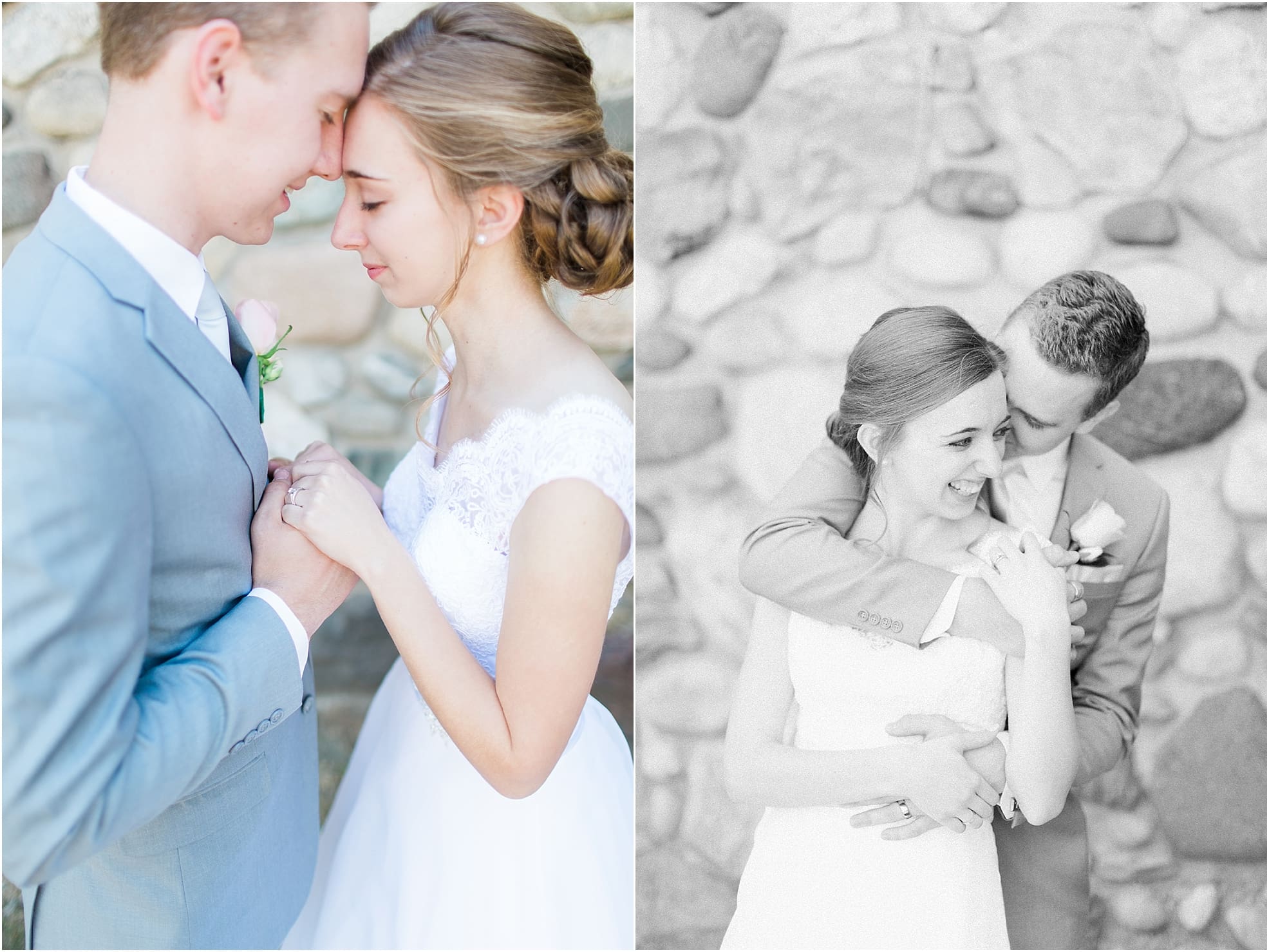 Arielle Peters Photography | Groom holding bride next to historic cobblestone building on wedding day at Lawton Lions Heritage Community Center in Lawton, Michigan.