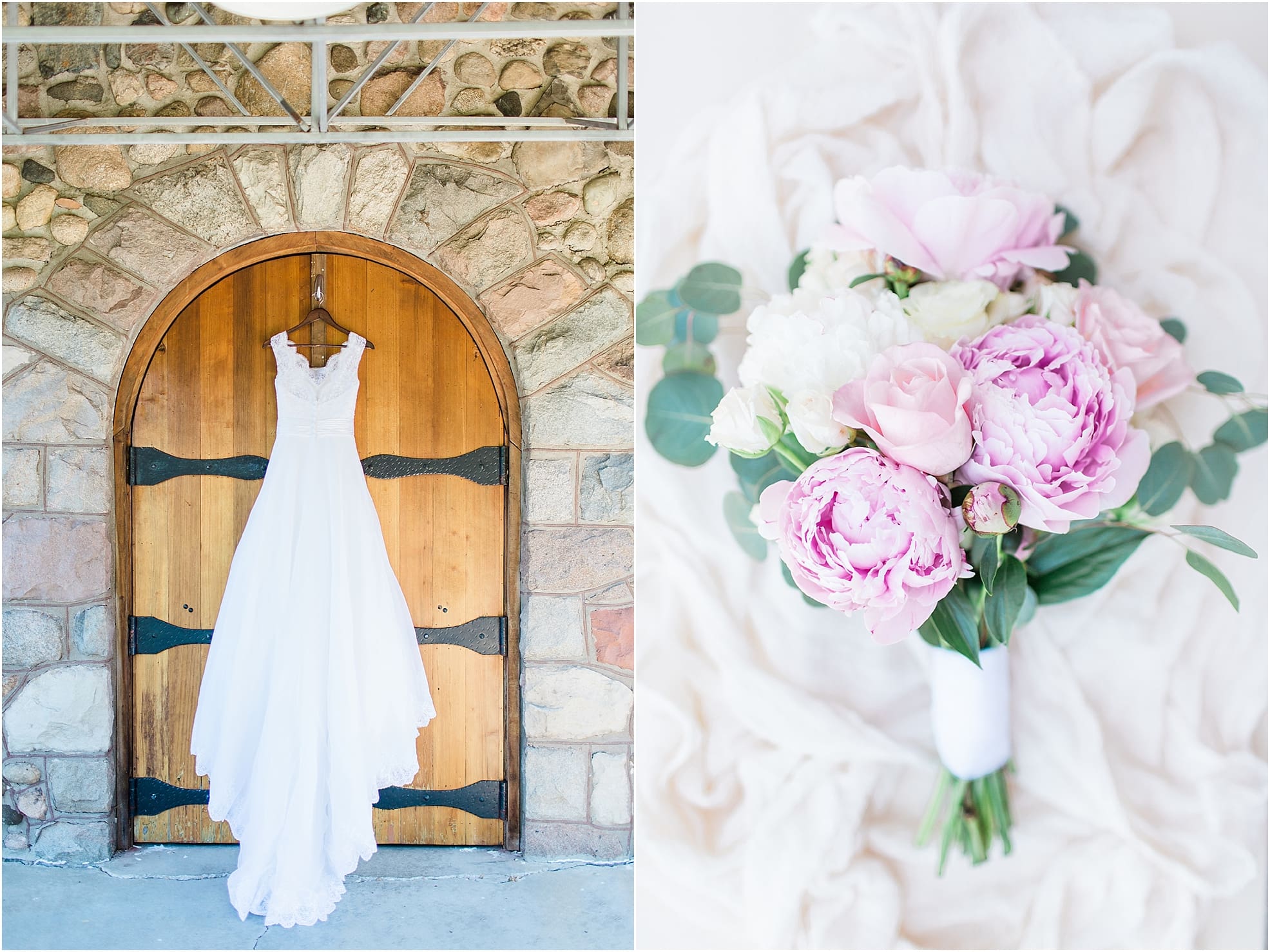 Arielle Peters Photography | Wedding dress hanging on wooden wine cellar door on wedding day at Lawton Lions Heritage Community Center in Lawton, Michigan.