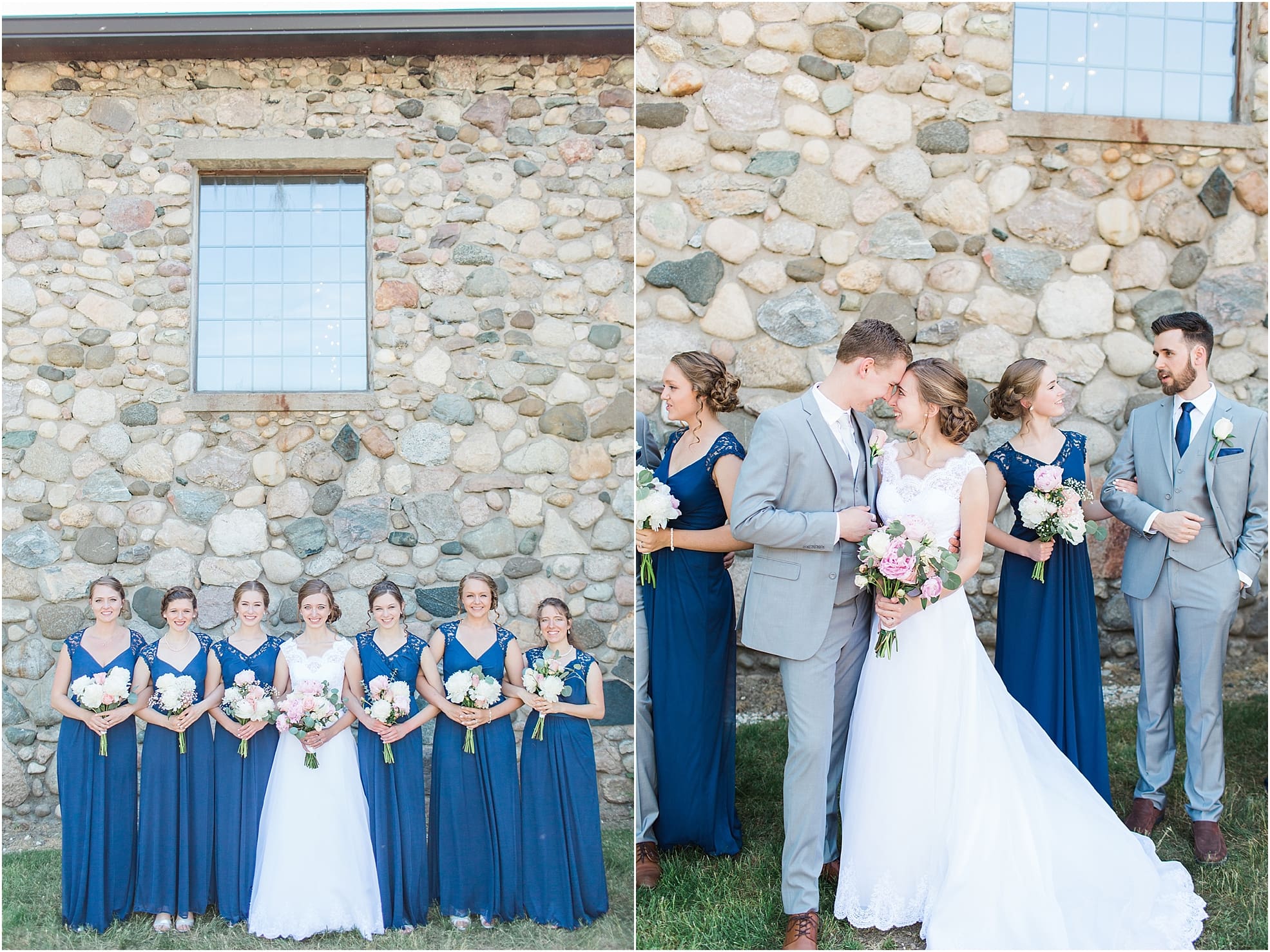 Arielle Peters Photography | Bride and bridesmaids next to historic cobblestone building on wedding day at Lawton Lions Heritage Community Center in Lawton, Michigan.