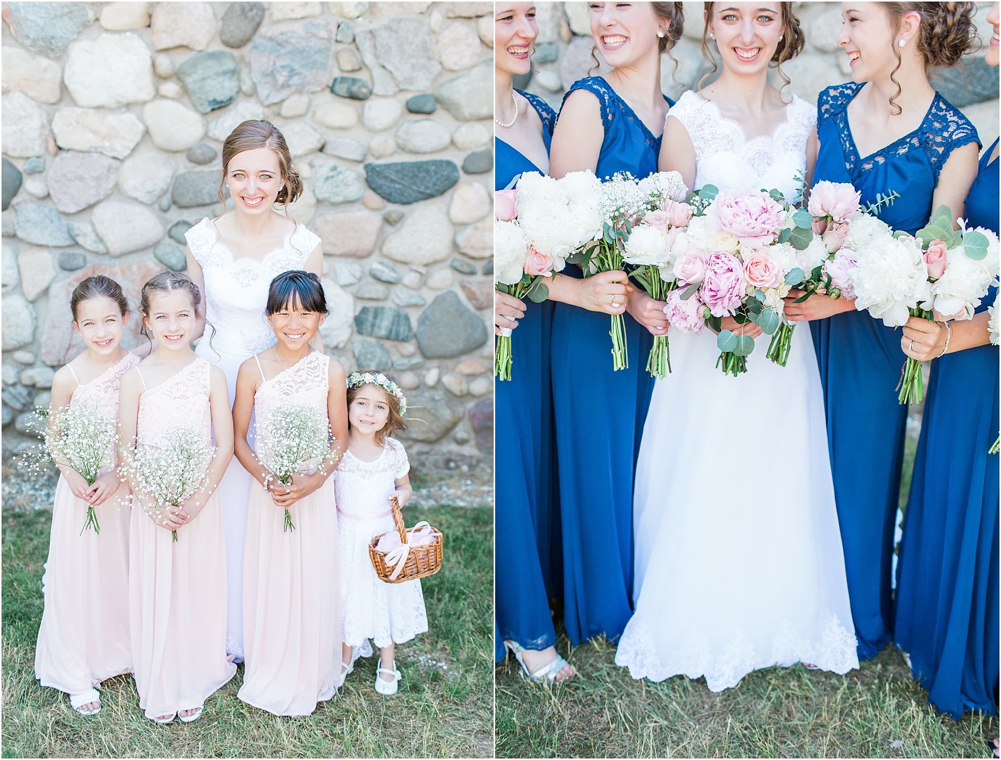Arielle Peters Photography | Bride and flower girls next to historic cobblestone building on wedding day at Lawton Lions Heritage Community Center in Lawton, Michigan.