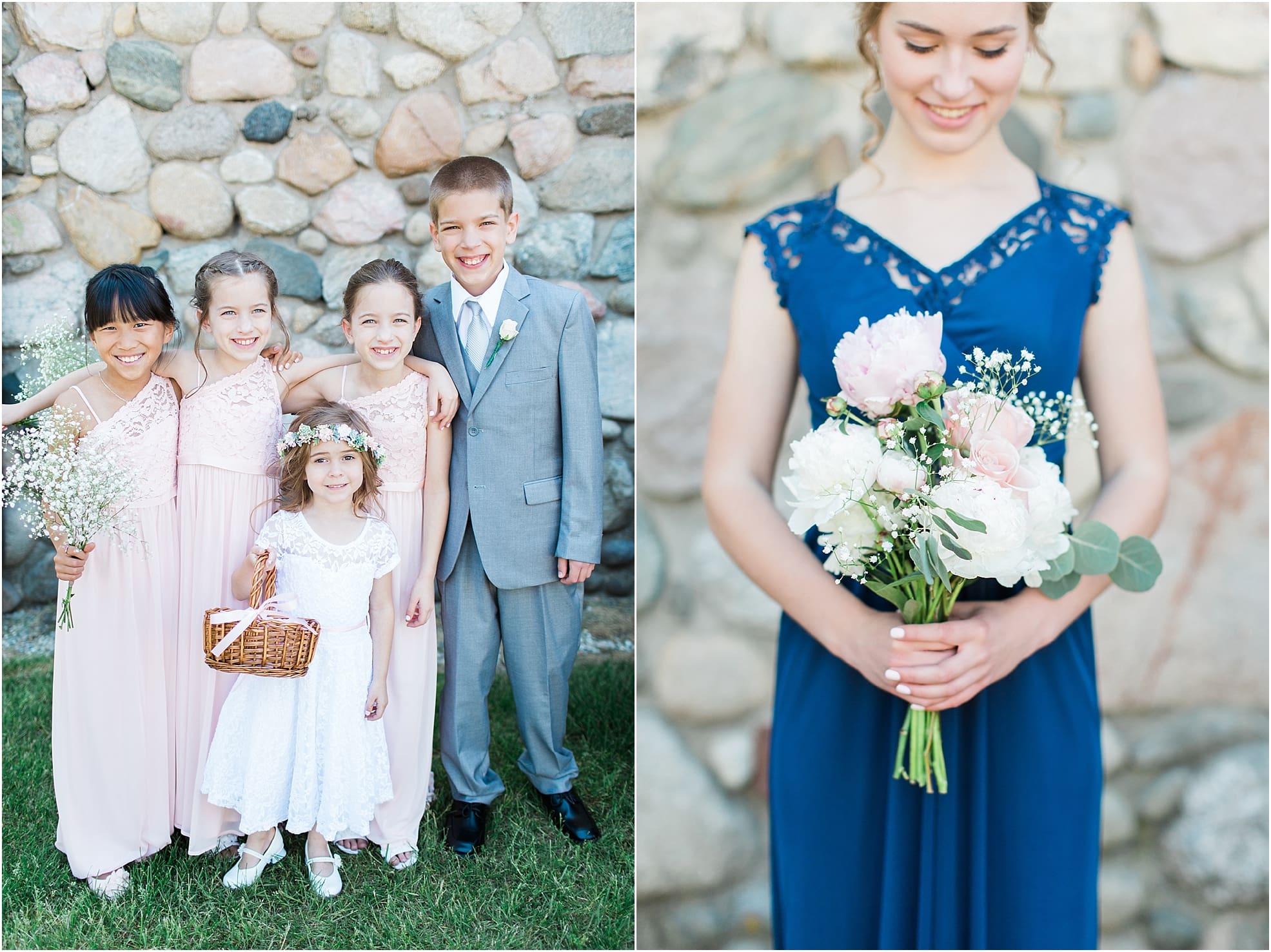 Arielle Peters Photography | Ring bearer and flower girls next to historic cobblestone building on wedding day at Lawton Lions Heritage Community Center in Lawton, Michigan.