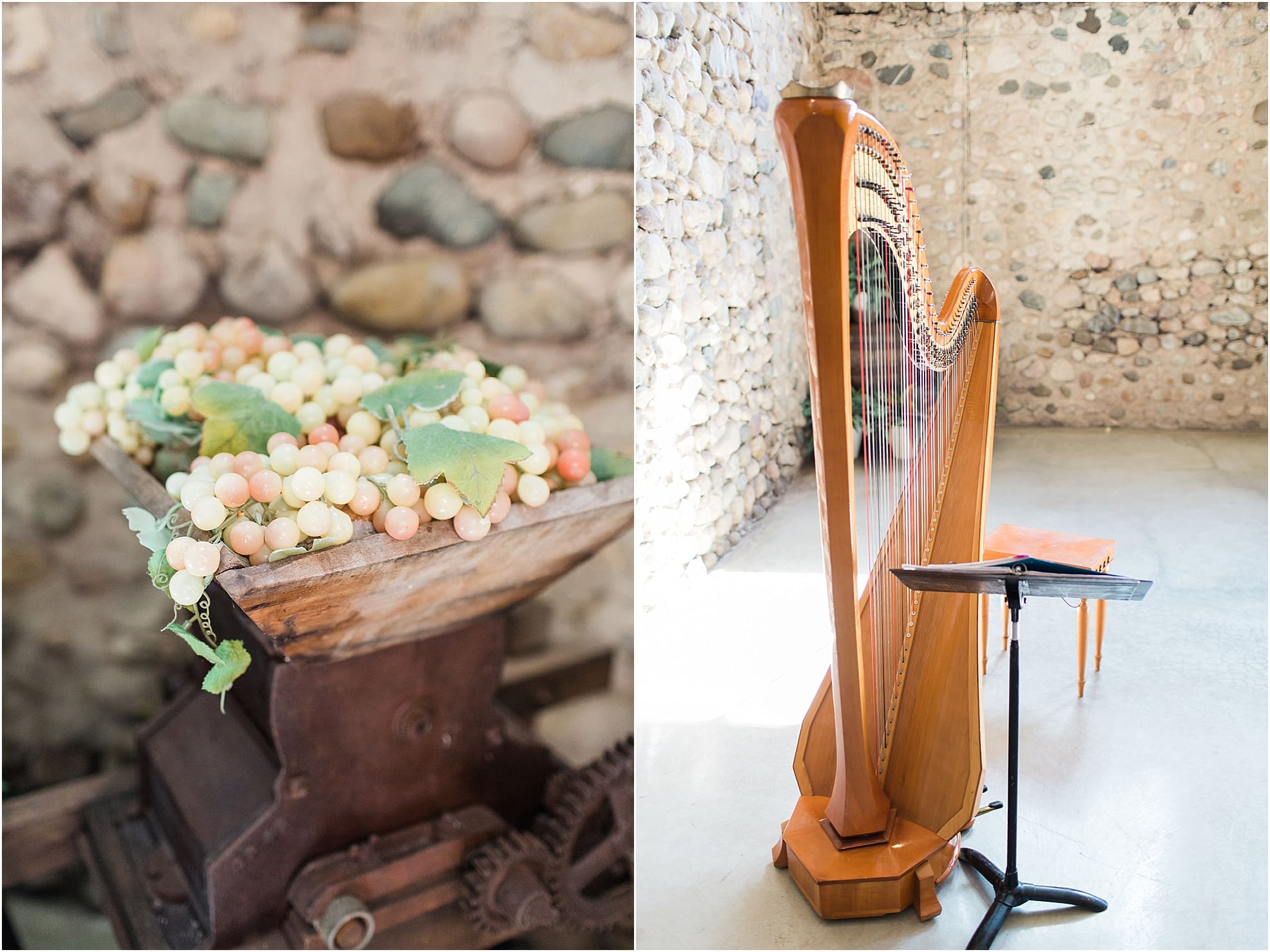 Arielle Peters Photography | Indoor wedding ceremony harp at Lawton Lions Heritage Community Center in Lawton, Michigan.