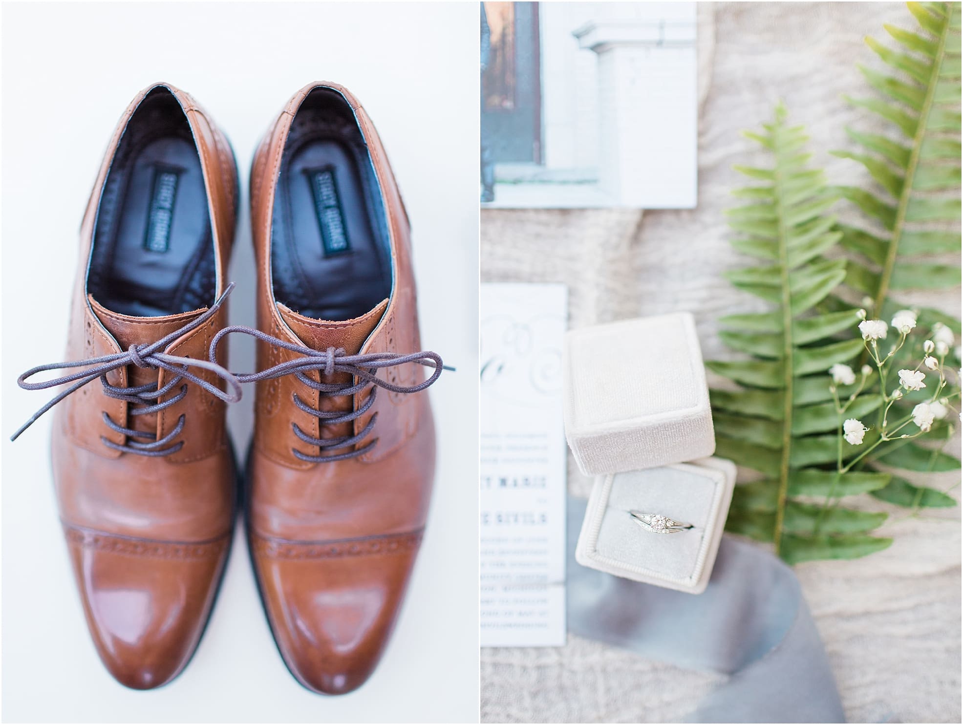 Arielle Peters Photography | Groom shoes and rings on wedding day at Lawton Lions Heritage Community Center in Lawton, Michigan.