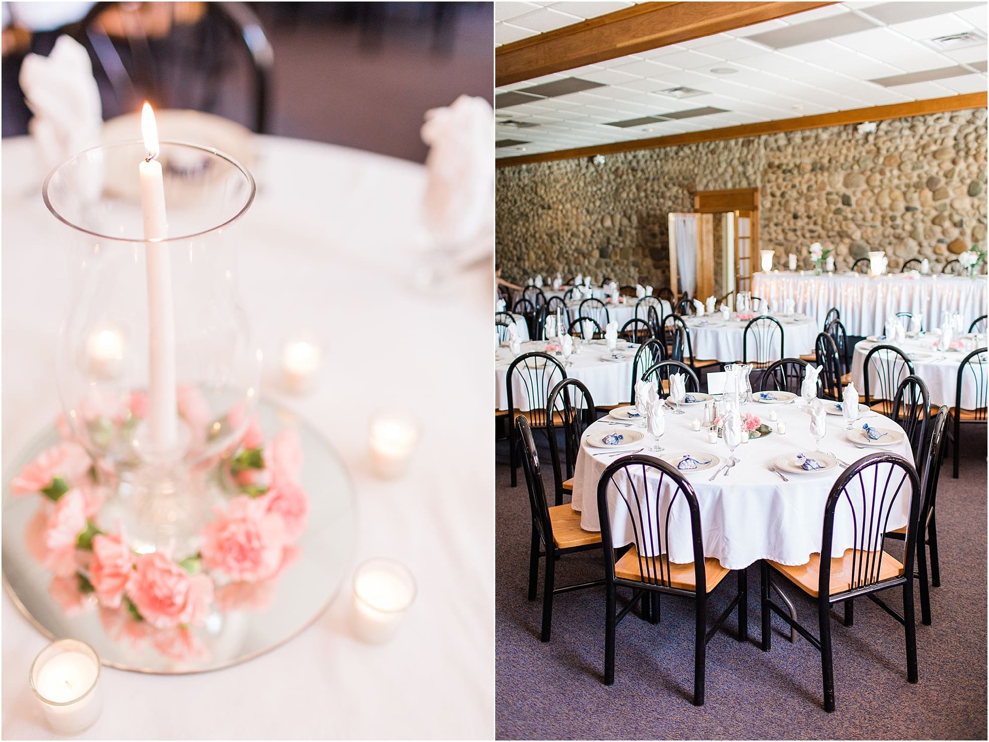 Arielle Peters Photography | Wedding reception table settings and floral arrangements at Lawton Lions Heritage Community Center in Lawton, Michigan.