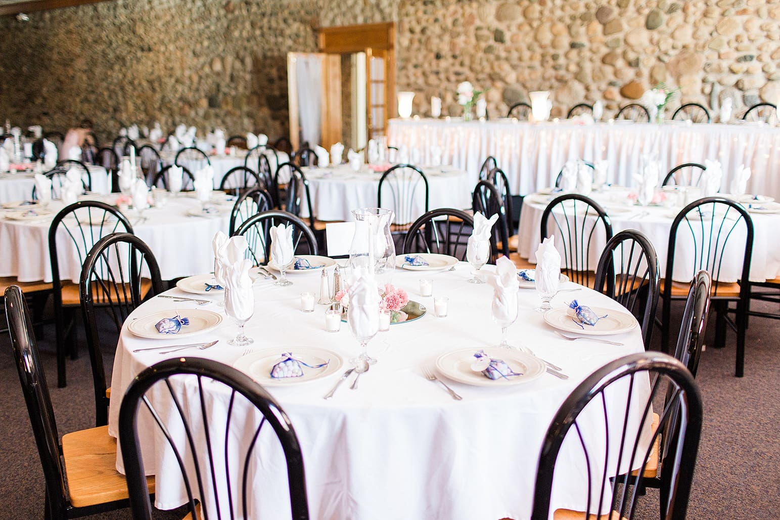 Arielle Peters Photography | Wedding reception table settings and floral arrangements at Lawton Lions Heritage Community Center in Lawton, Michigan.