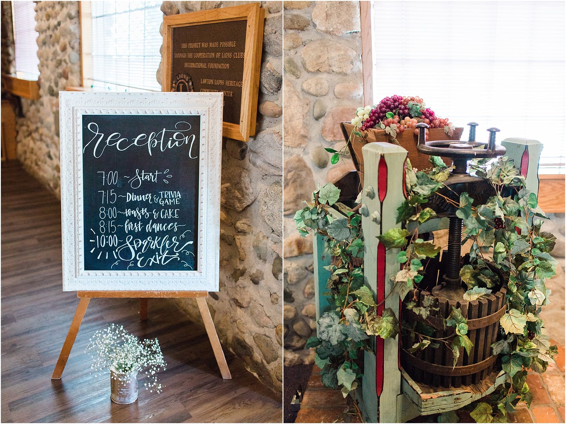 Arielle Peters Photography | Wedding reception table settings and floral arrangements at Lawton Lions Heritage Community Center in Lawton, Michigan.