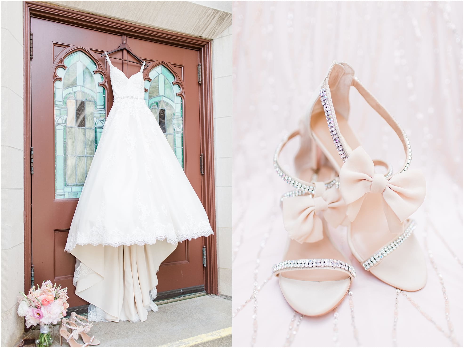 Arielle Peters Photography | Wedding gown hanging on cathedral church doors on wedding day at First United Methodist Church in Mishawaka, Indiana.