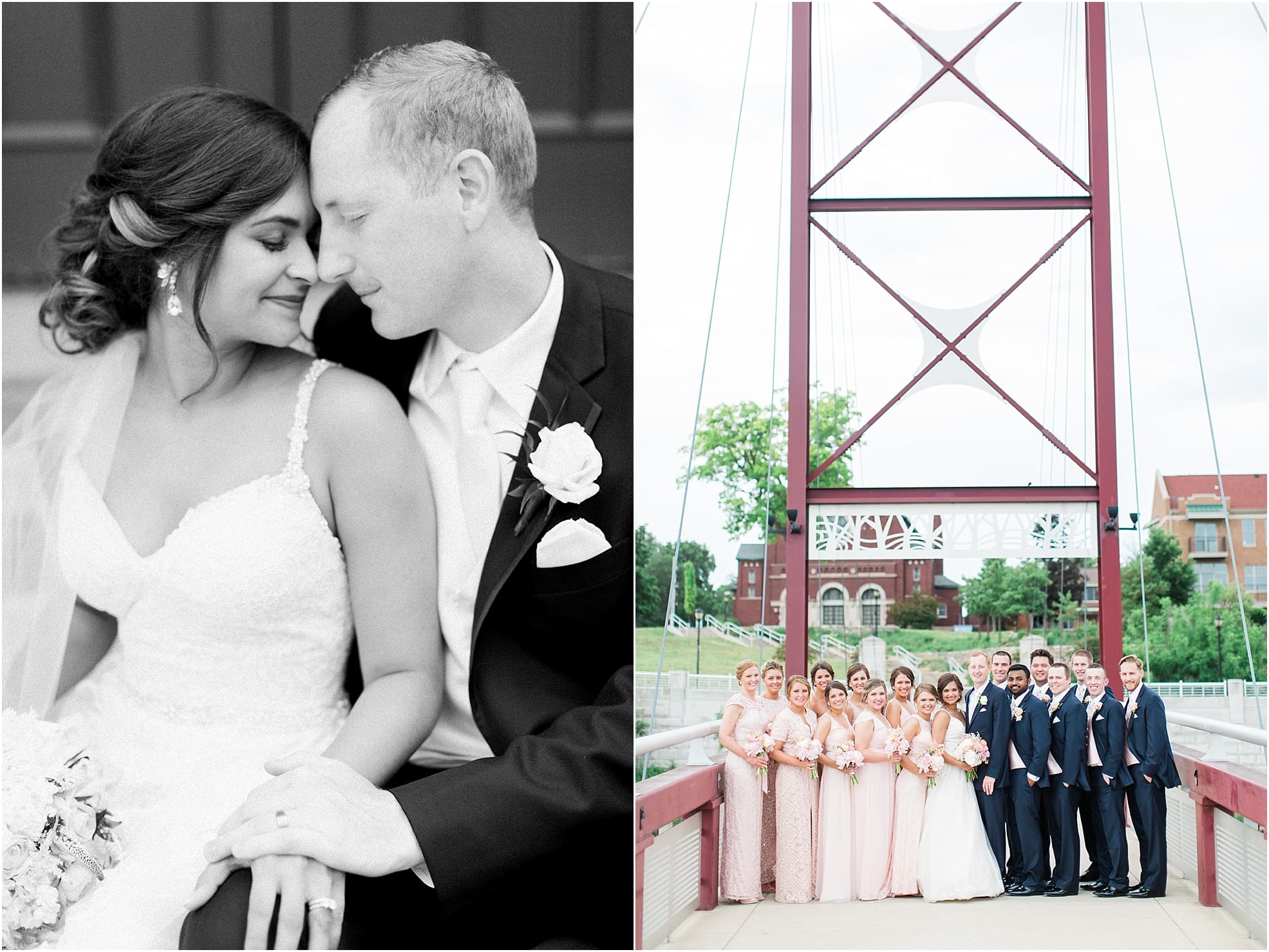 Arielle Peters Photography | Wedding party standing on suspension bridge on wedding day at First United Methodist Church in Mishawaka, Indiana.