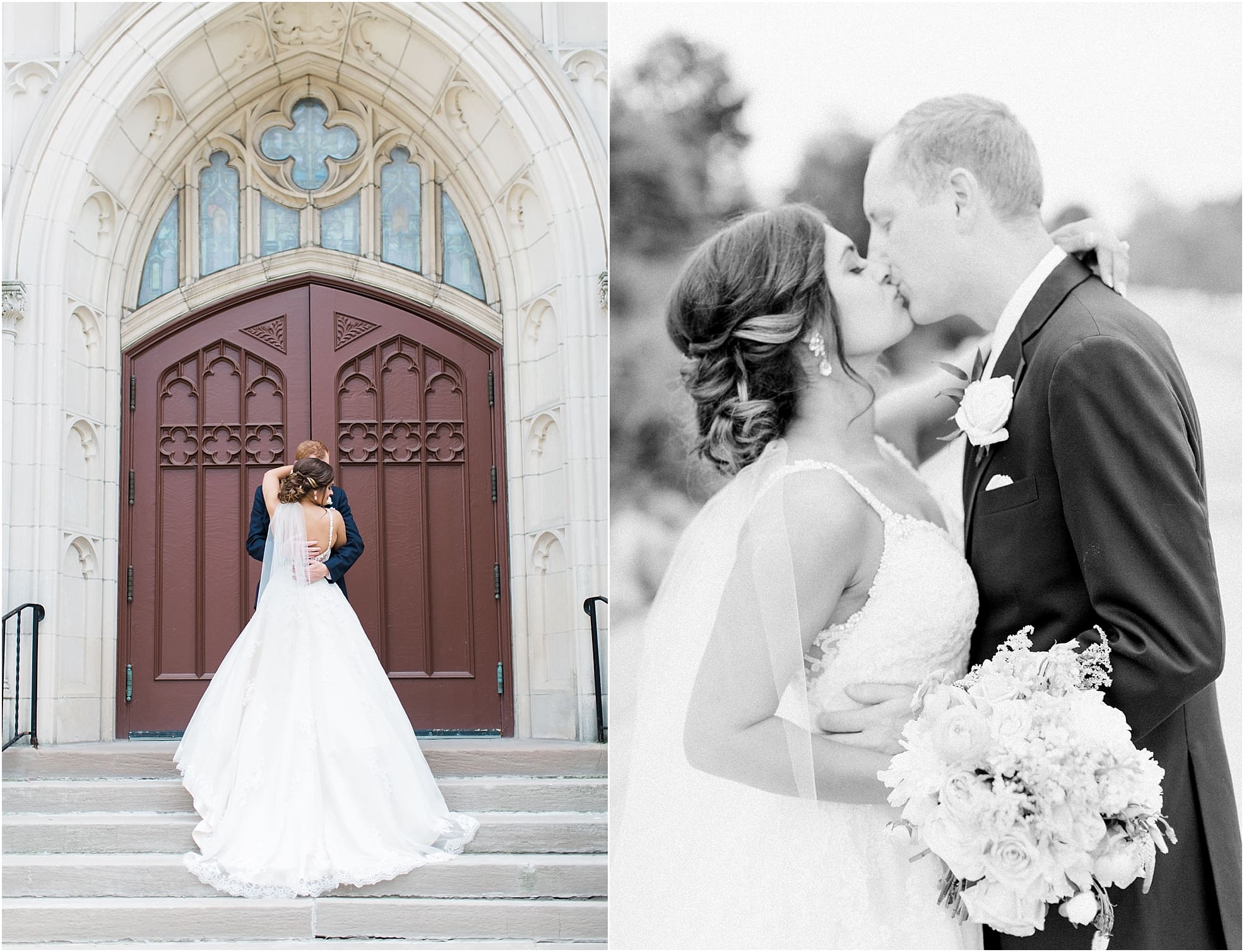Arielle Peters Photography | Bride and groom in front of large cathedral church doors on wedding day at First United Methodist Church in Mishawaka, Indiana.