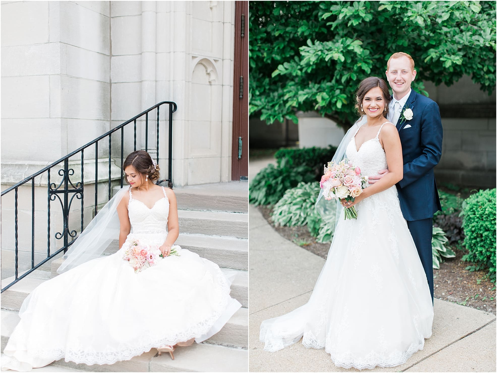 Arielle Peters Photography | Bride sitting on cathedral church steps on wedding day at First United Methodist Church in Mishawaka, Indiana.