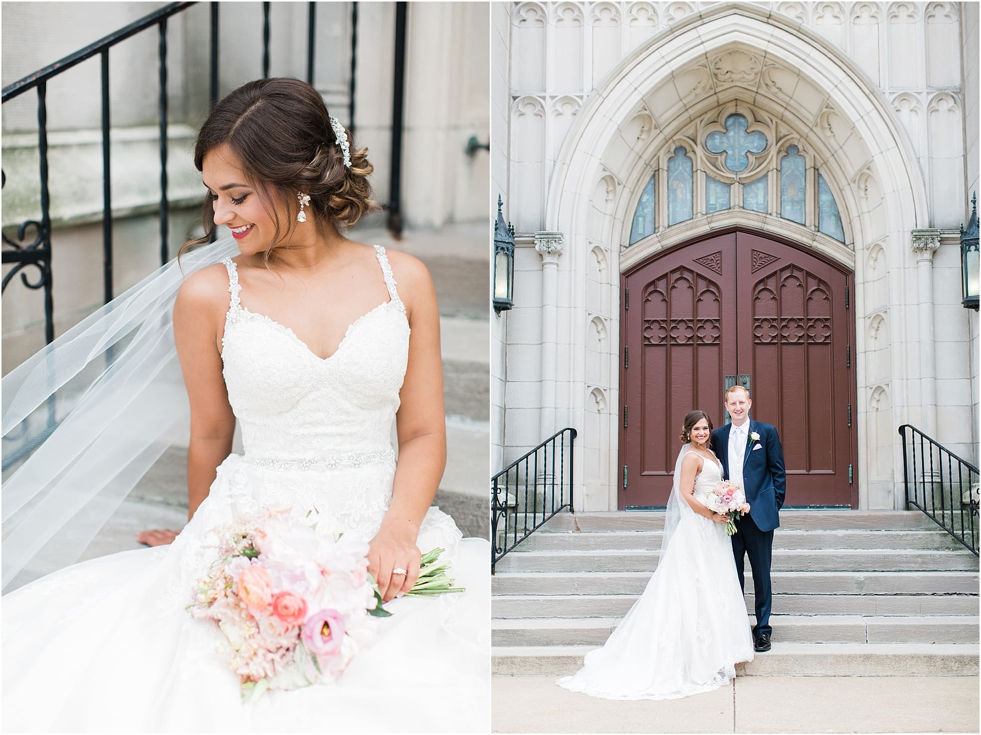 Arielle Peters Photography | Bride and groom outside large cathedral doors on wedding day at First United Methodist Church in Mishawaka, Indiana.