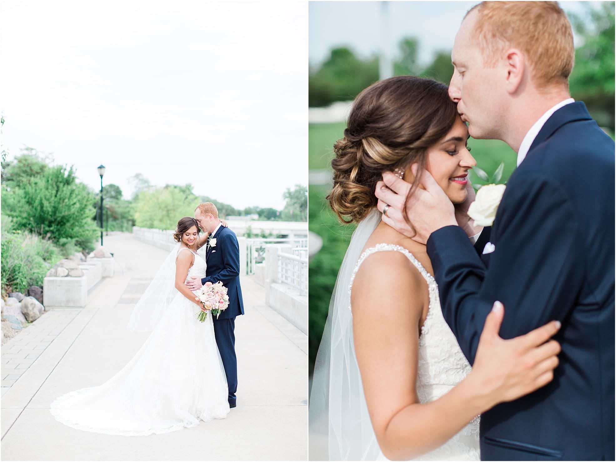Arielle Peters Photography | Bride and groom walking next to lake on wedding day at First United Methodist Church in Mishawaka, Indiana.