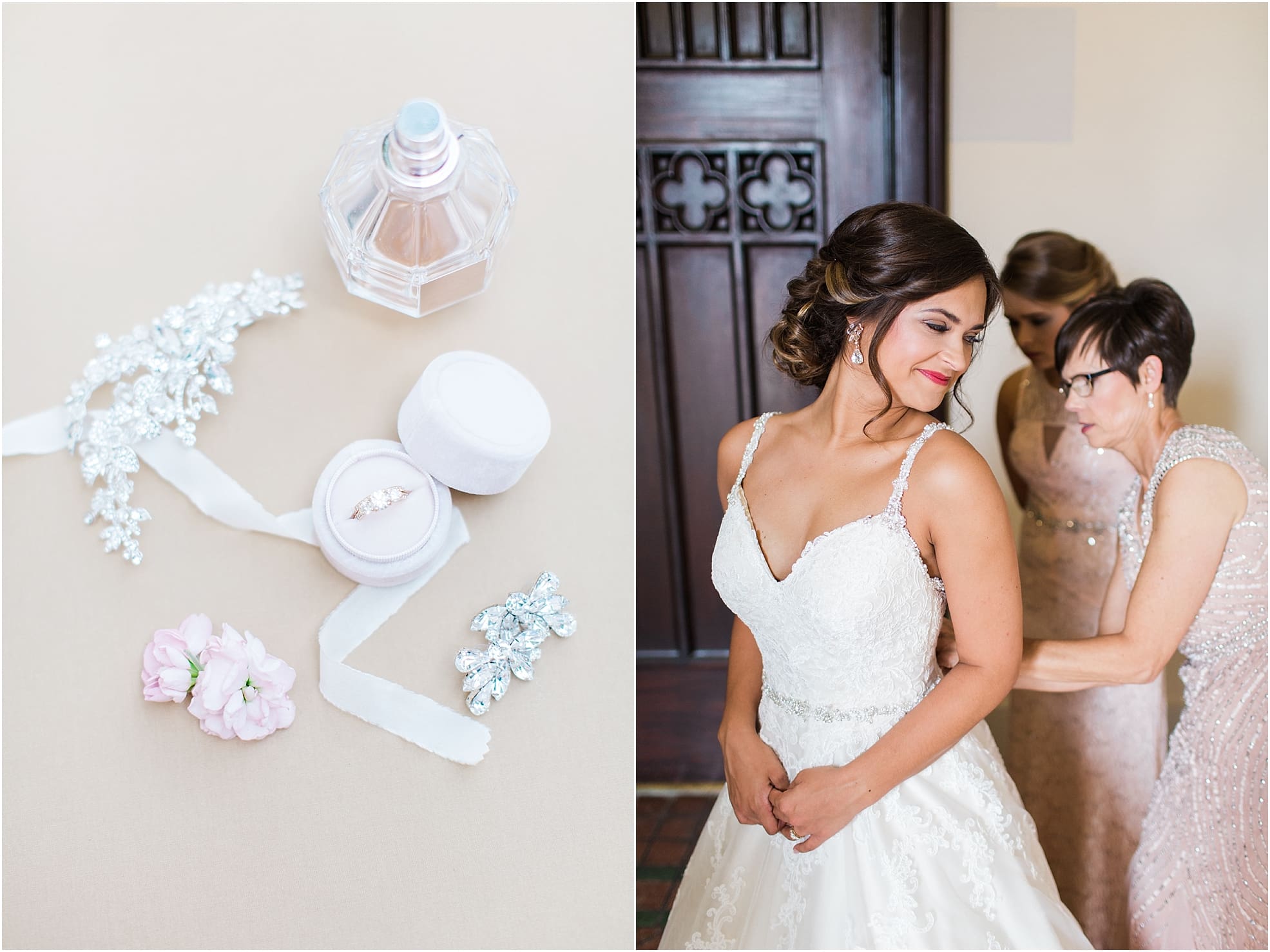 Arielle Peters Photography | Mother of the bride helping bride put on wedding dress on wedding day at First United Methodist Church in Mishawaka, Indiana.