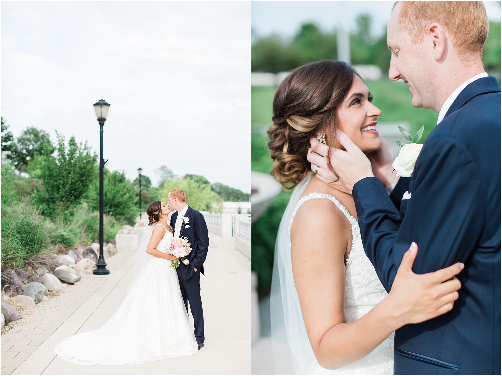 Arielle Peters Photography | Bride and groom kissing next to lake on wedding day at First United Methodist Church in Mishawaka, Indiana.