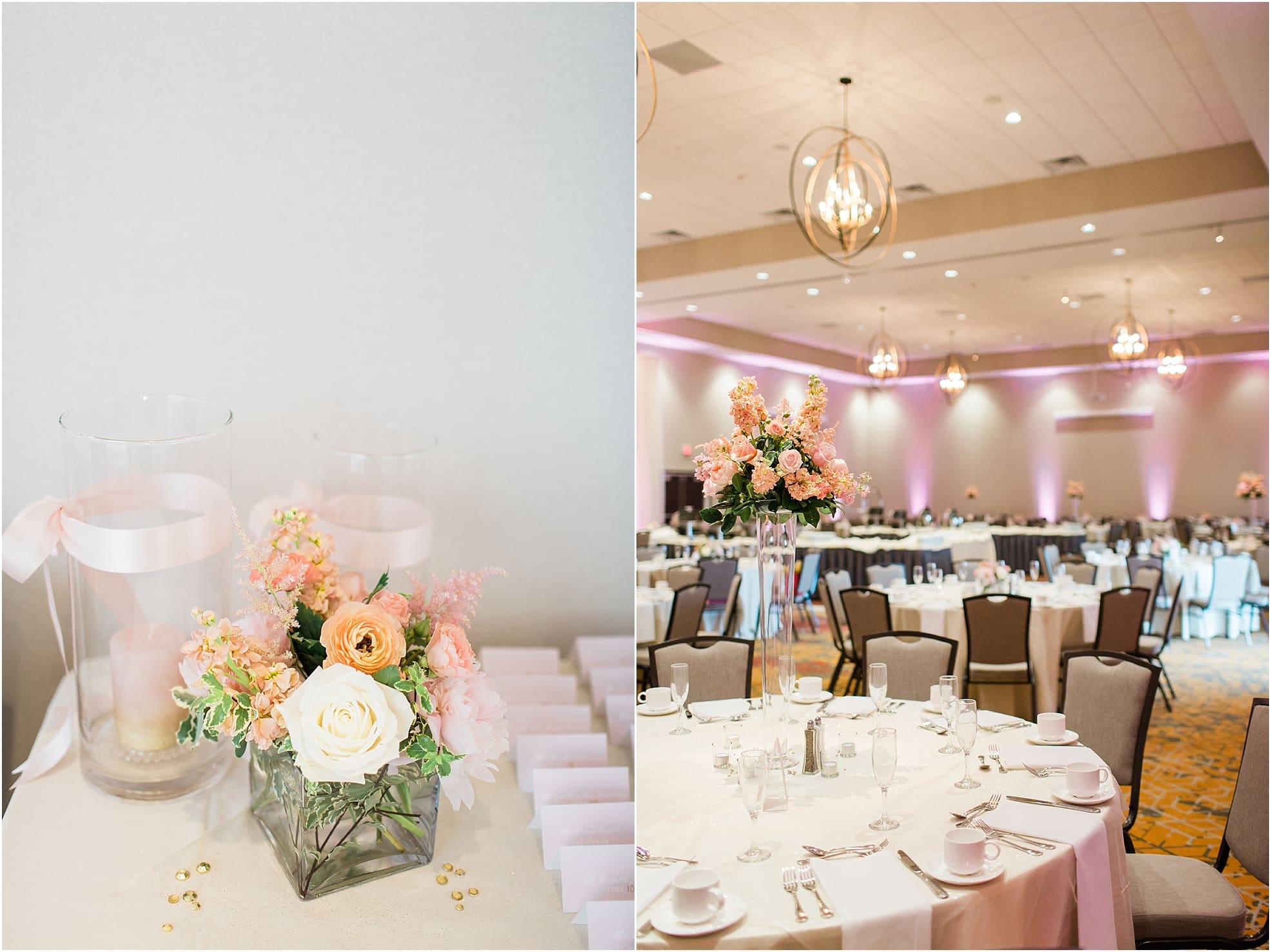 Arielle Peters Photography | Wedding reception table settings and floral arrangements at the Holiday Inn in Mishawaka, Indiana.