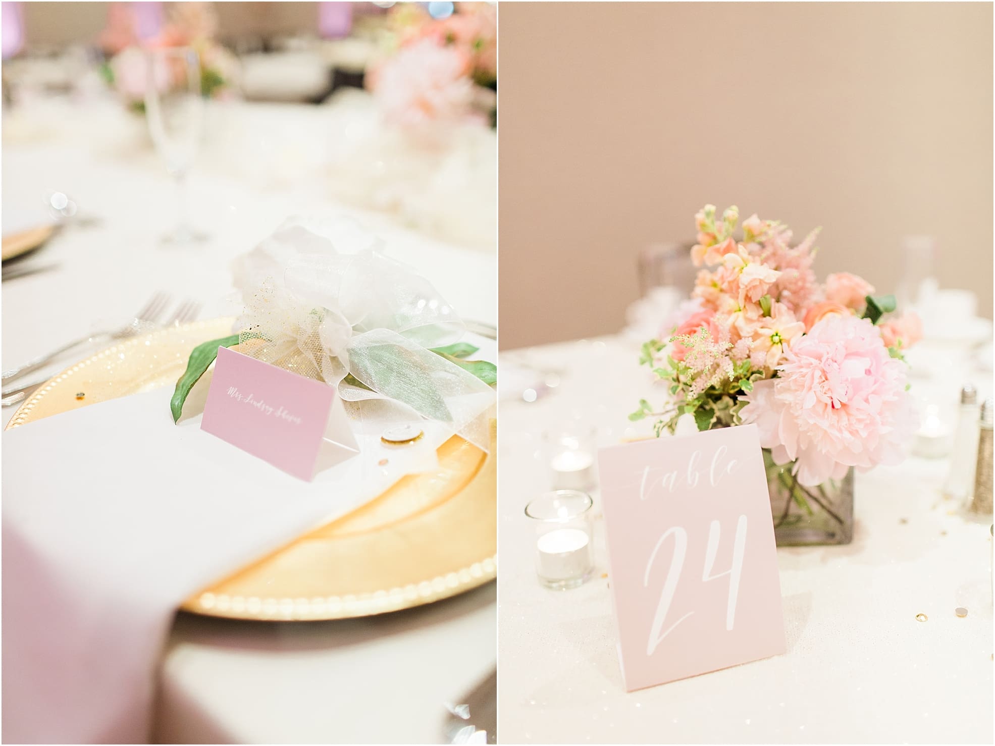 Arielle Peters Photography | Wedding reception table settings and floral arrangements at the Holiday Inn in Mishawaka, Indiana.