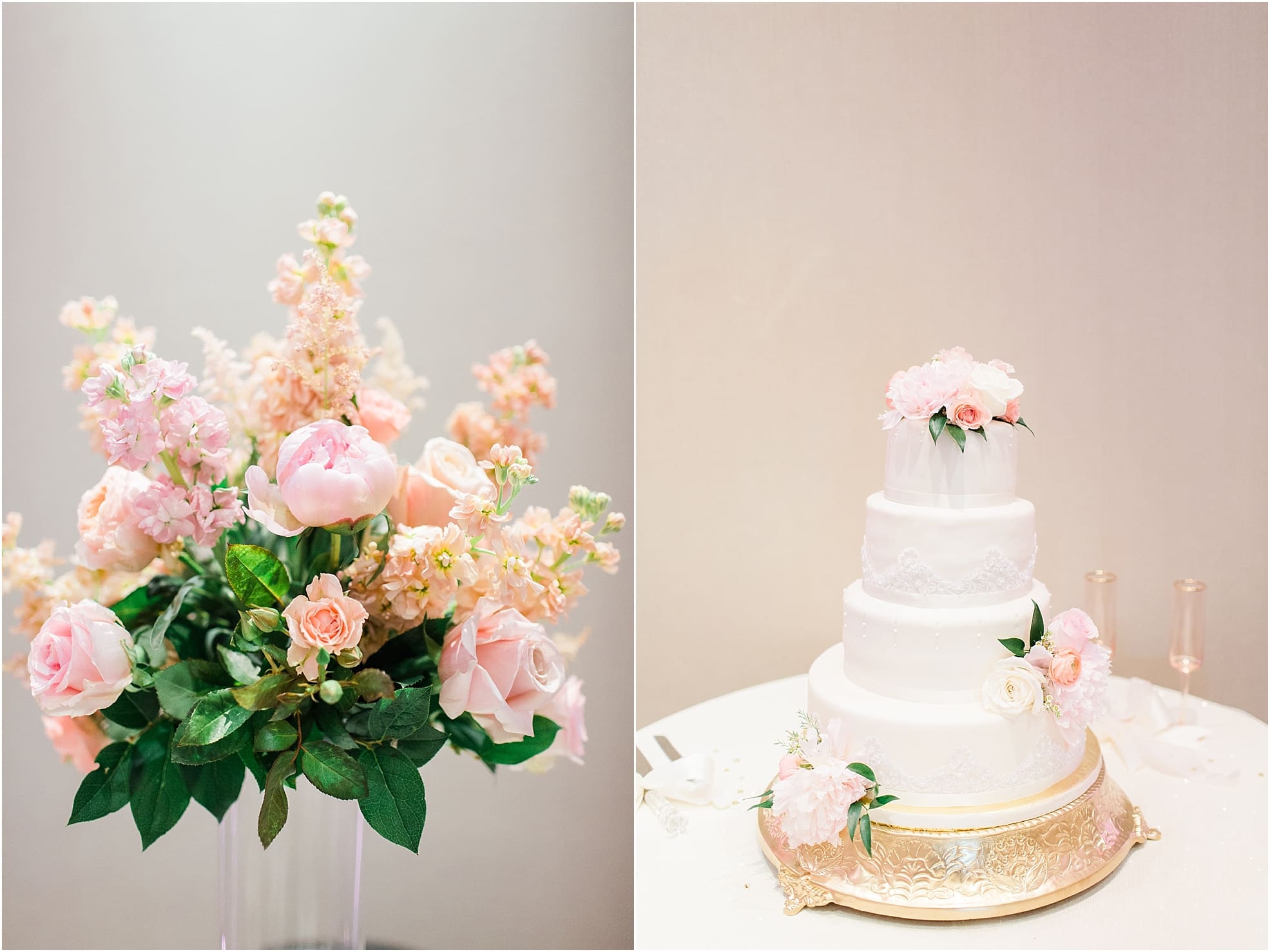 Arielle Peters Photography | Wedding reception cake and floral arrangements at the Holiday Inn in Mishawaka, Indiana.