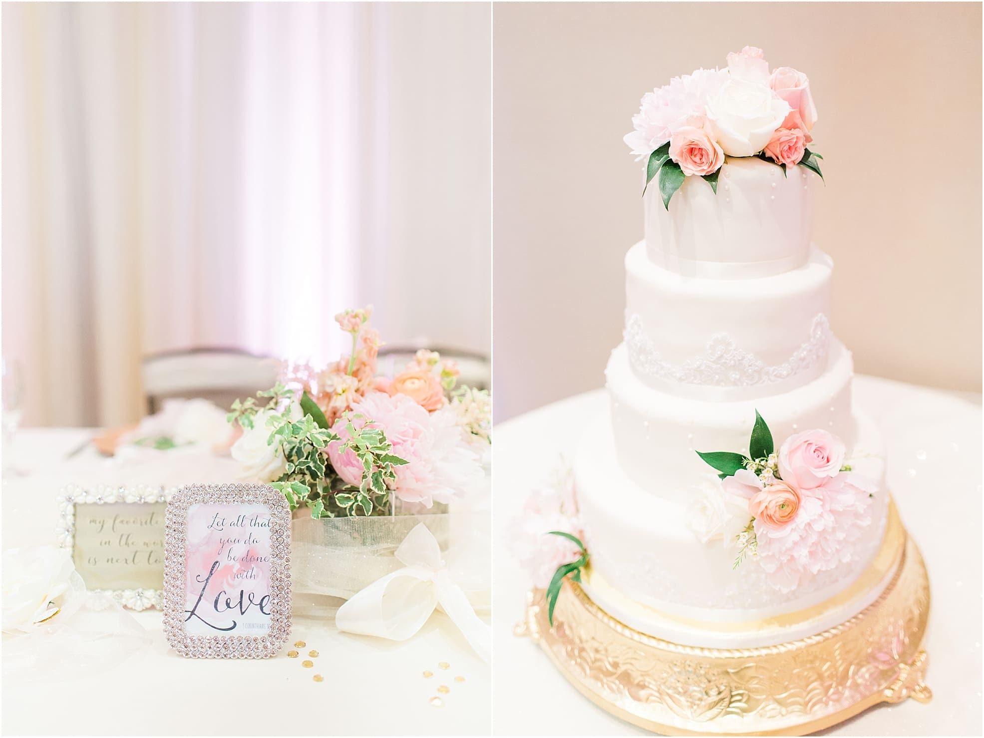 Arielle Peters Photography | Wedding reception table settings and wedding cake at the Holiday Inn in Mishawaka, Indiana.