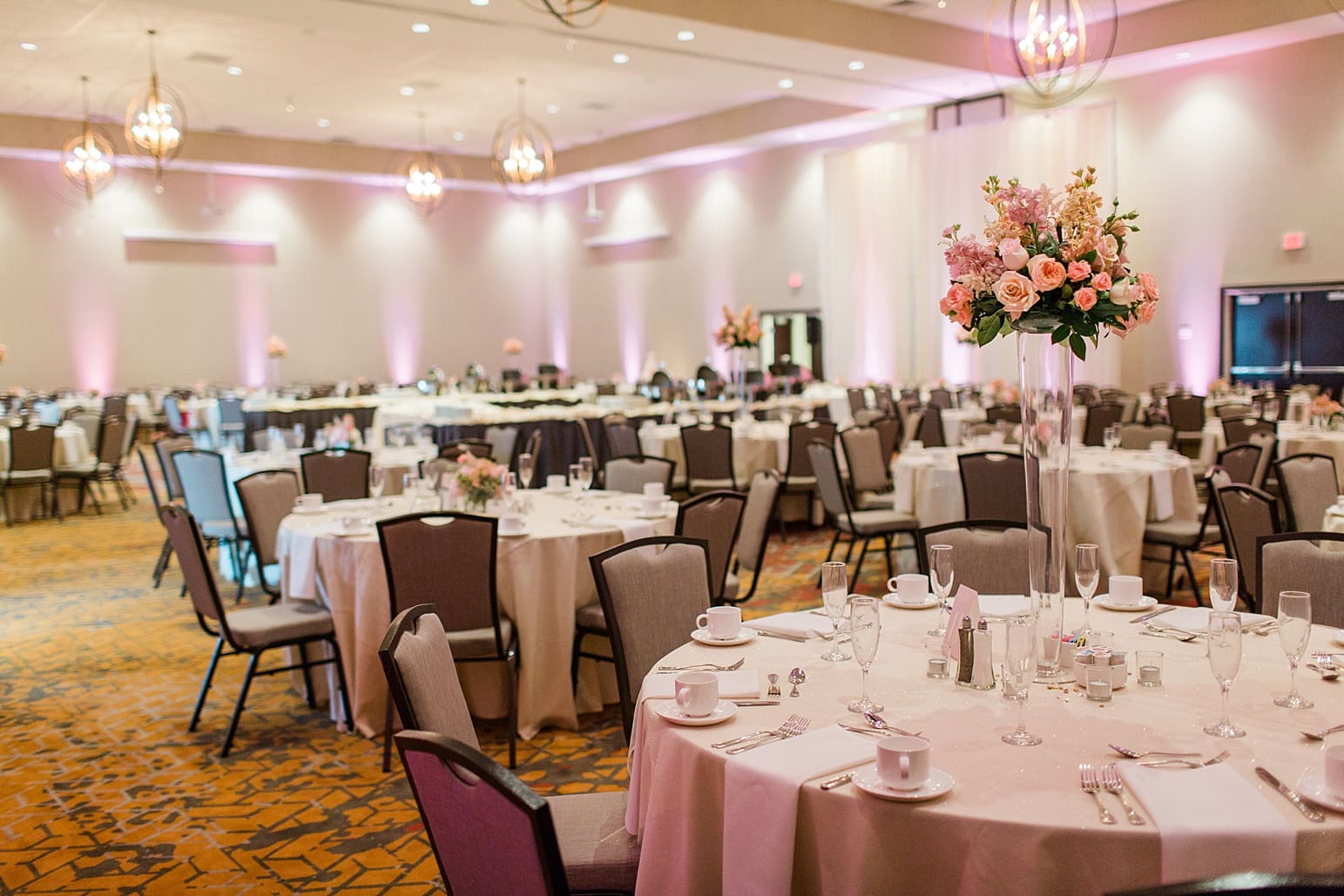 Arielle Peters Photography | Wedding reception table settings and floral arrangements at the Holiday Inn in Mishawaka, Indiana.