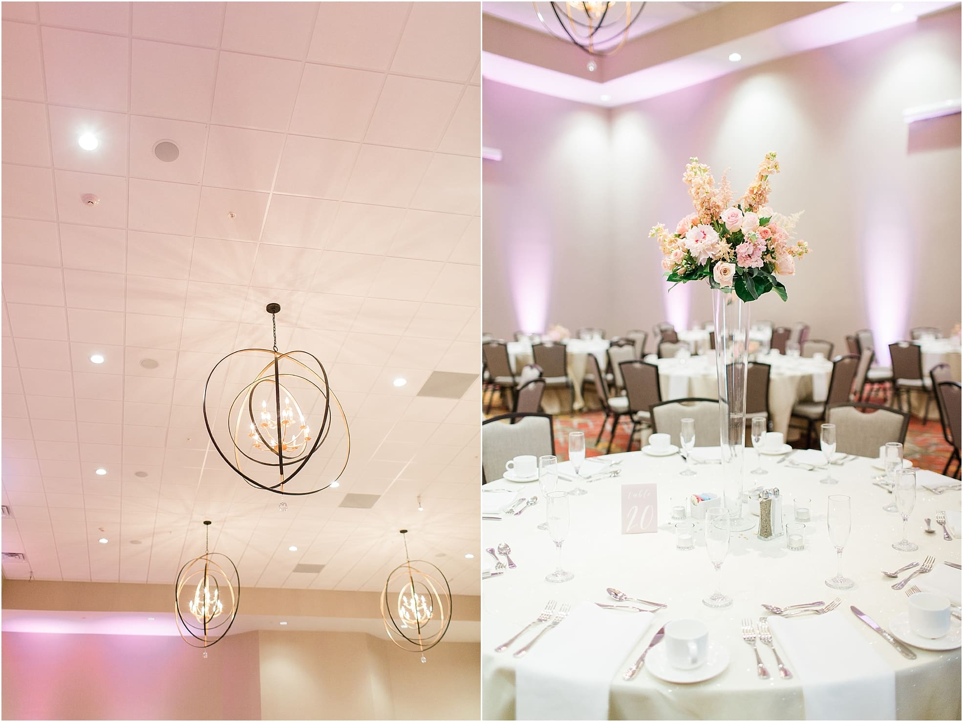 Arielle Peters Photography | Wedding reception table settings and floral arrangements at the Holiday Inn in Mishawaka, Indiana.