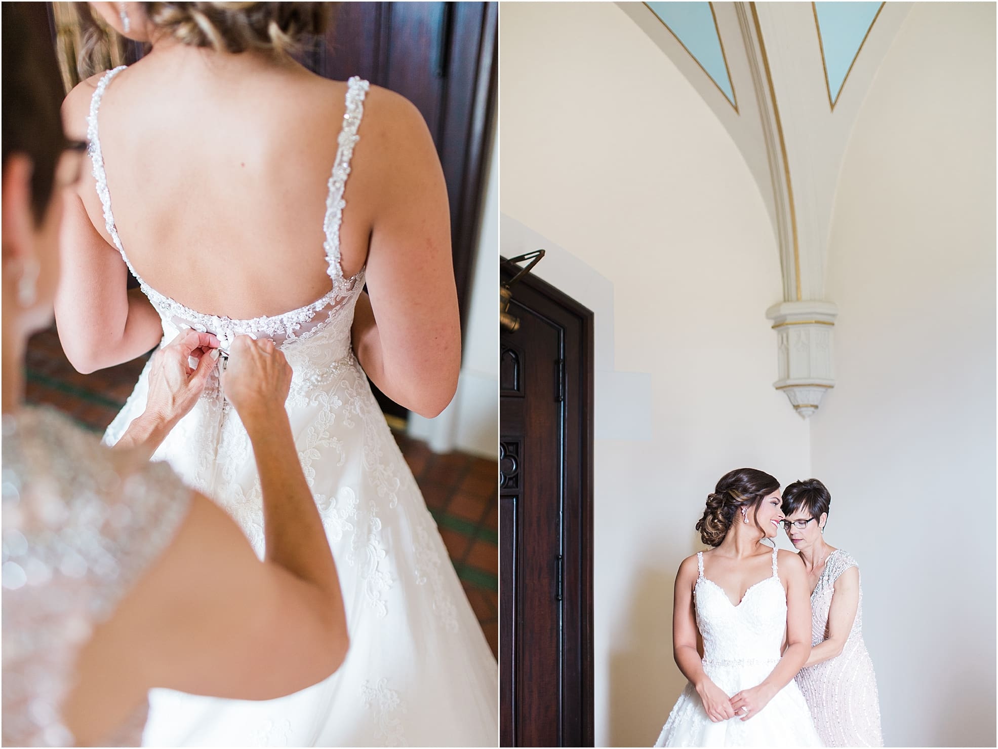 Arielle Peters Photography | Mother of the bride helping bride put on wedding dress on wedding day at First United Methodist Church in Mishawaka, Indiana.
