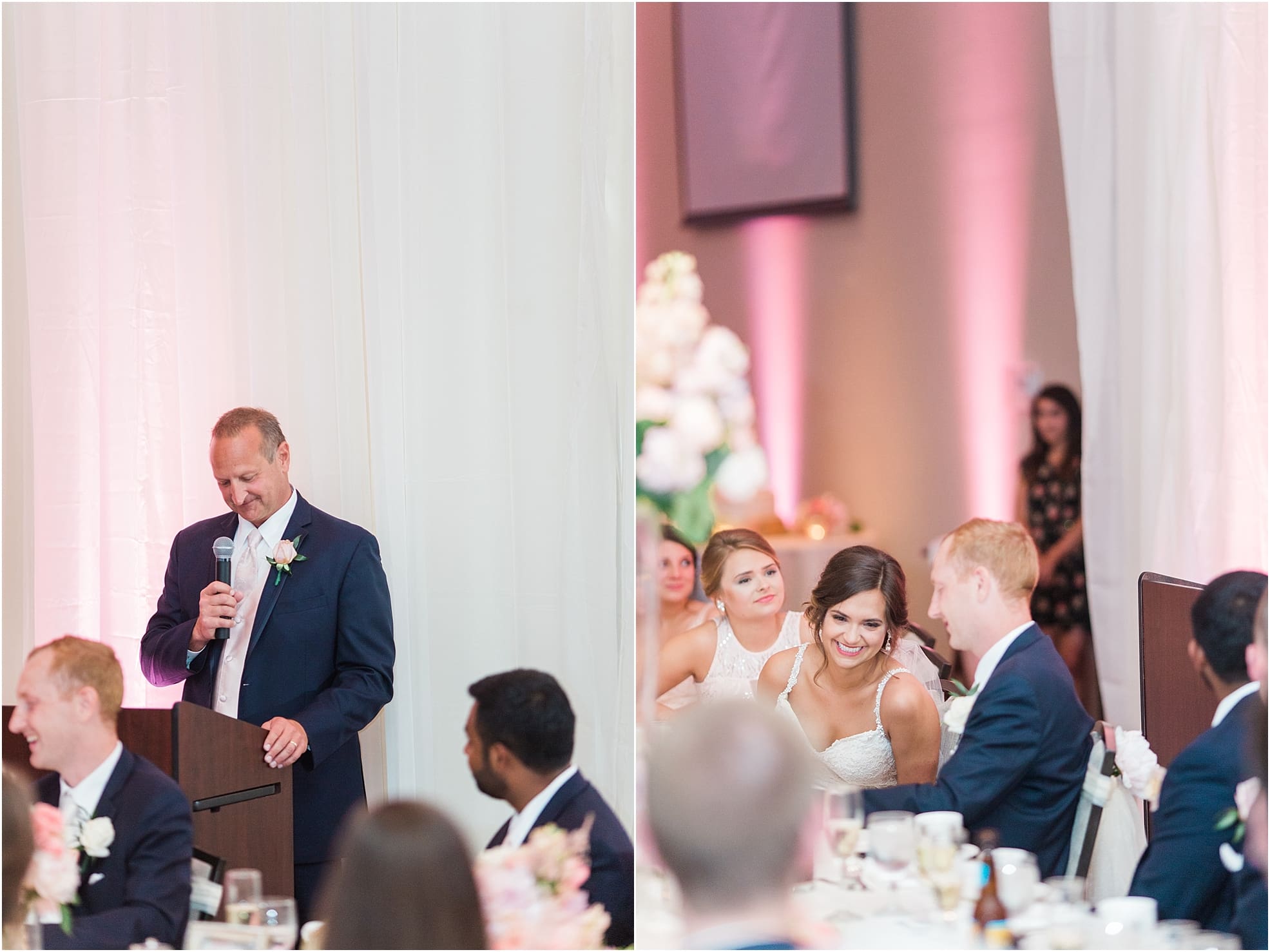 Arielle Peters Photography | Bride and groom laughing together at wedding reception at the Holiday Inn in Mishawaka, Indiana.