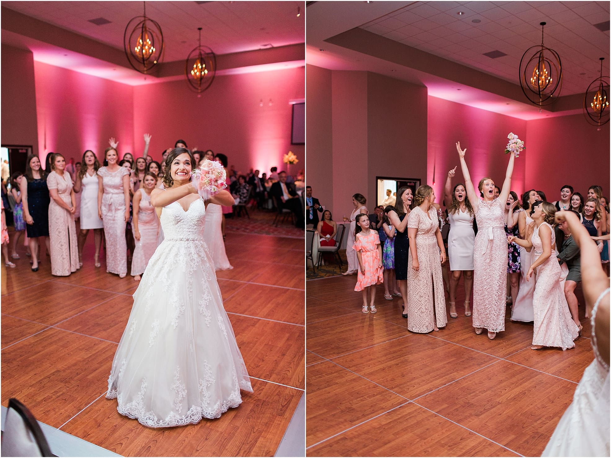 Arielle Peters Photography | Bride throwing her bouquet at wedding reception at the Holiday Inn in Mishawaka, Indiana.