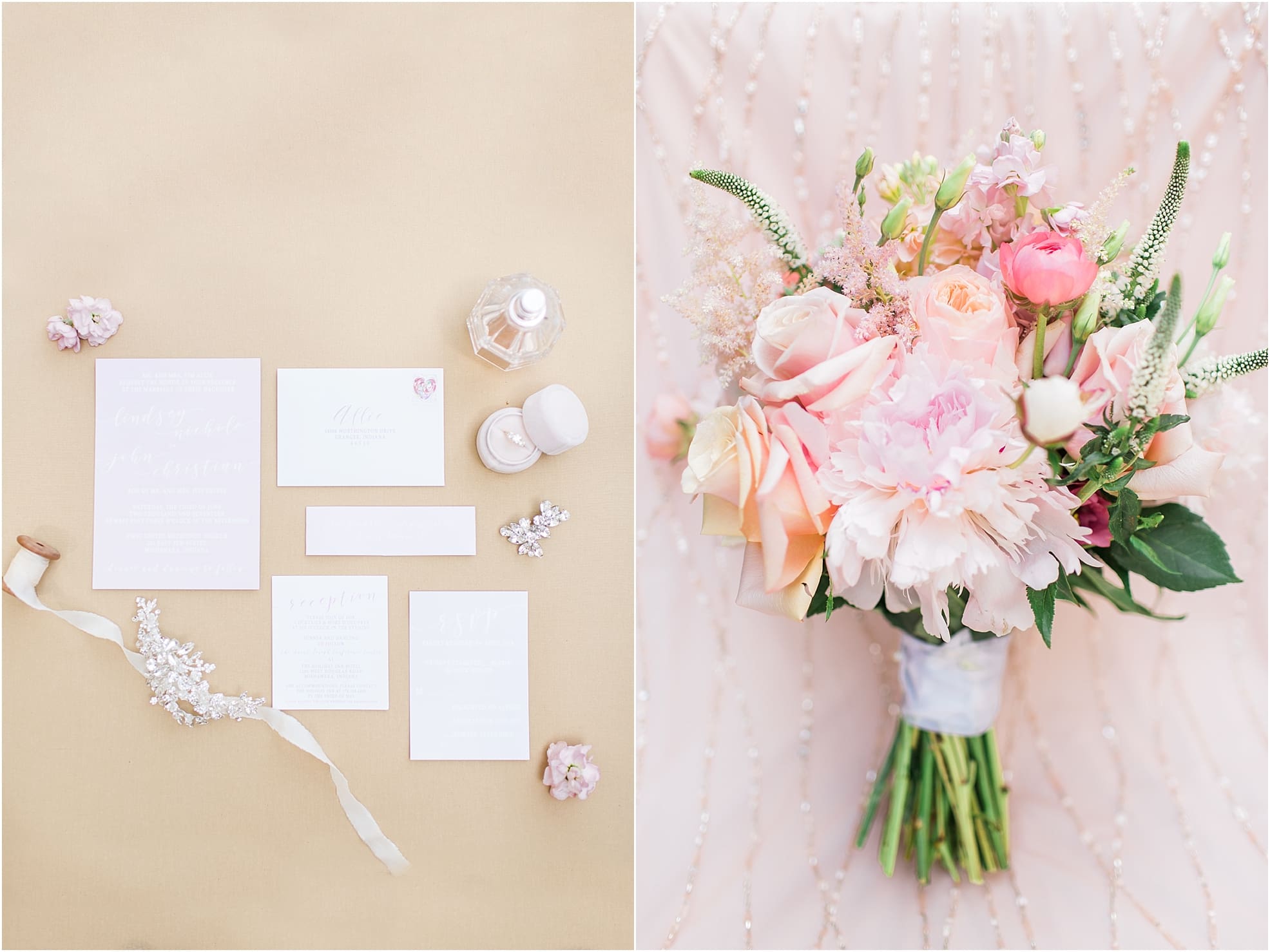 Arielle Peters Photography | Pastel rose and peony wedding bouquet on wedding dress on wedding day at First United Methodist Church in Mishawaka, Indiana.