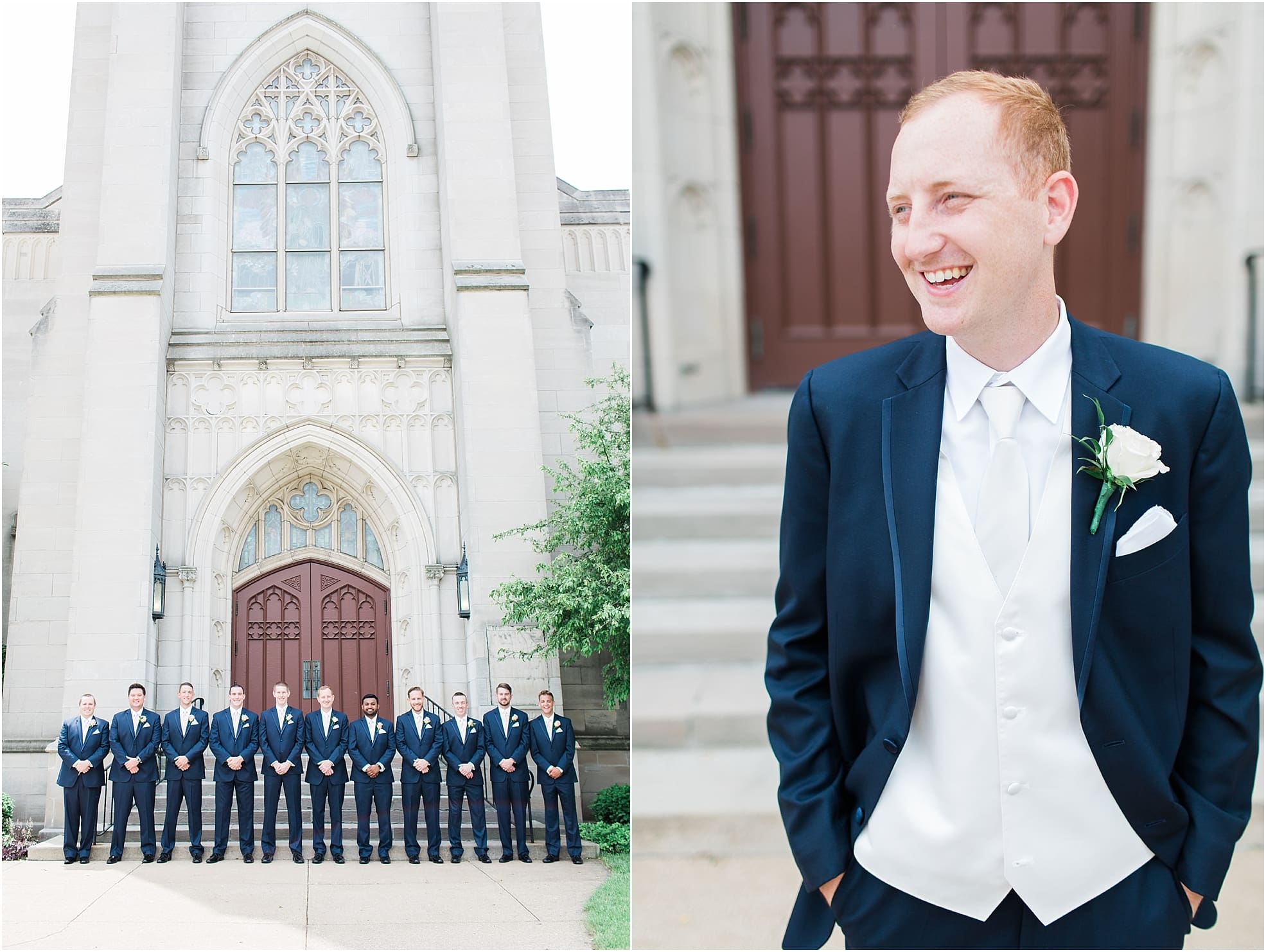 Arielle Peters Photography | Groom and groomsmen outside large cathedral church on wedding day at First United Methodist Church in Mishawaka, Indiana.